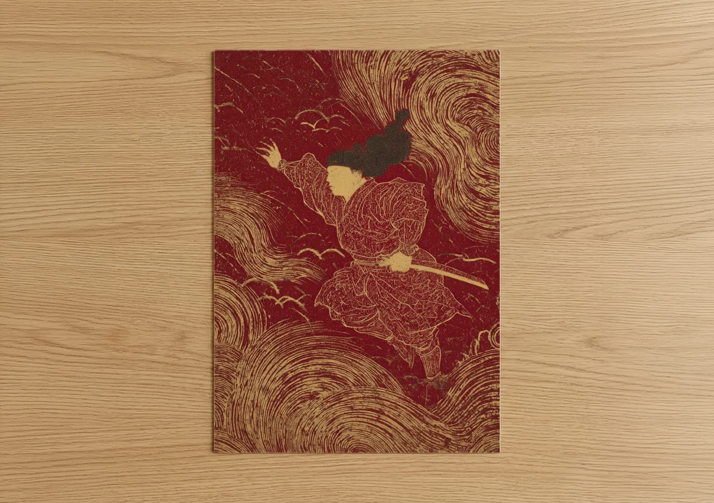 Kung fu art print on warm oak wood — maroon and gold and white palette — Crimson Warrior poster