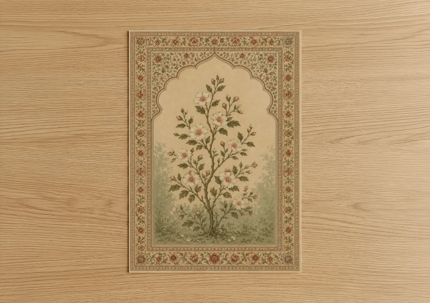 Flower art print on warm oak wood — beige and sage green palette — Persian Floral Botanical Wall Art poster