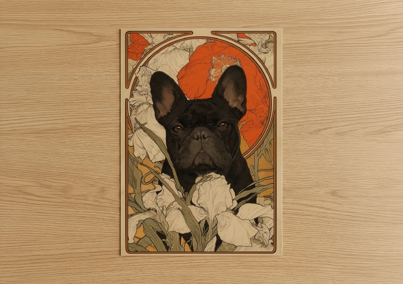 Art print on warm oak wood — cream palette — Black Bulldog Portrait poster