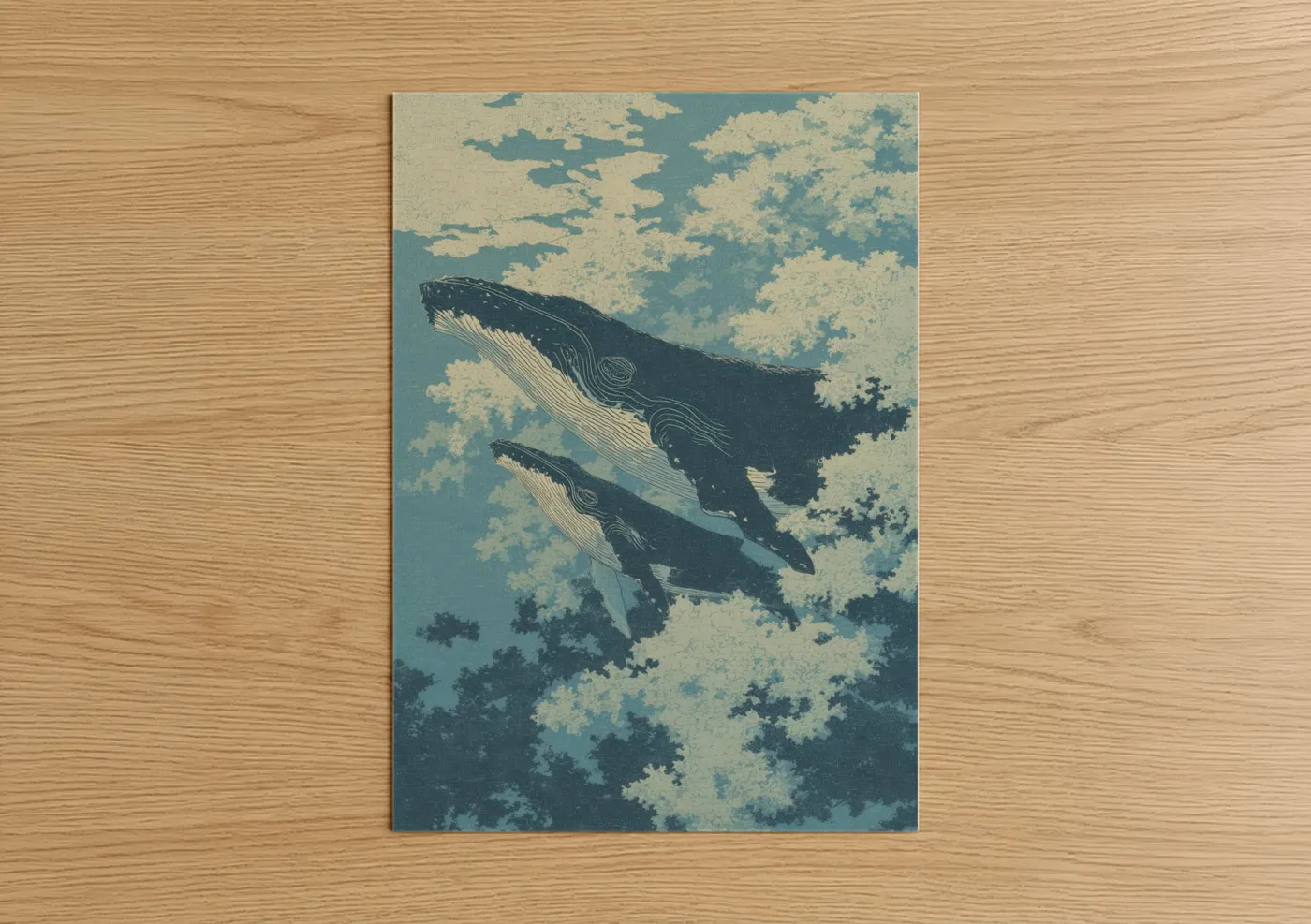Humpback whale art print on warm oak wood — blue and cream palette — Cloudy Humpbacks poster