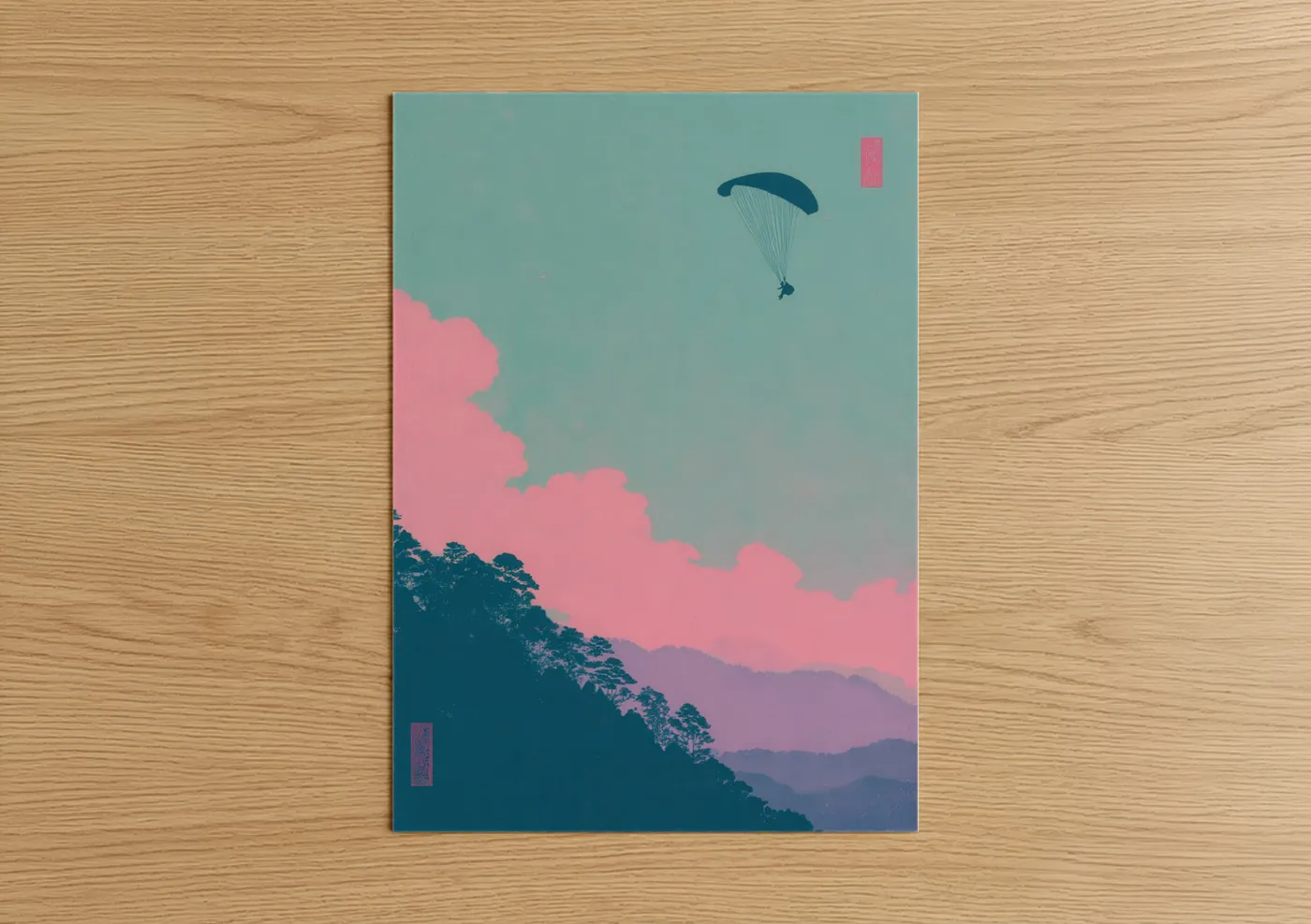 Art print on warm oak wood — teal and salmon pink palette — Paragliding Dreamer poster