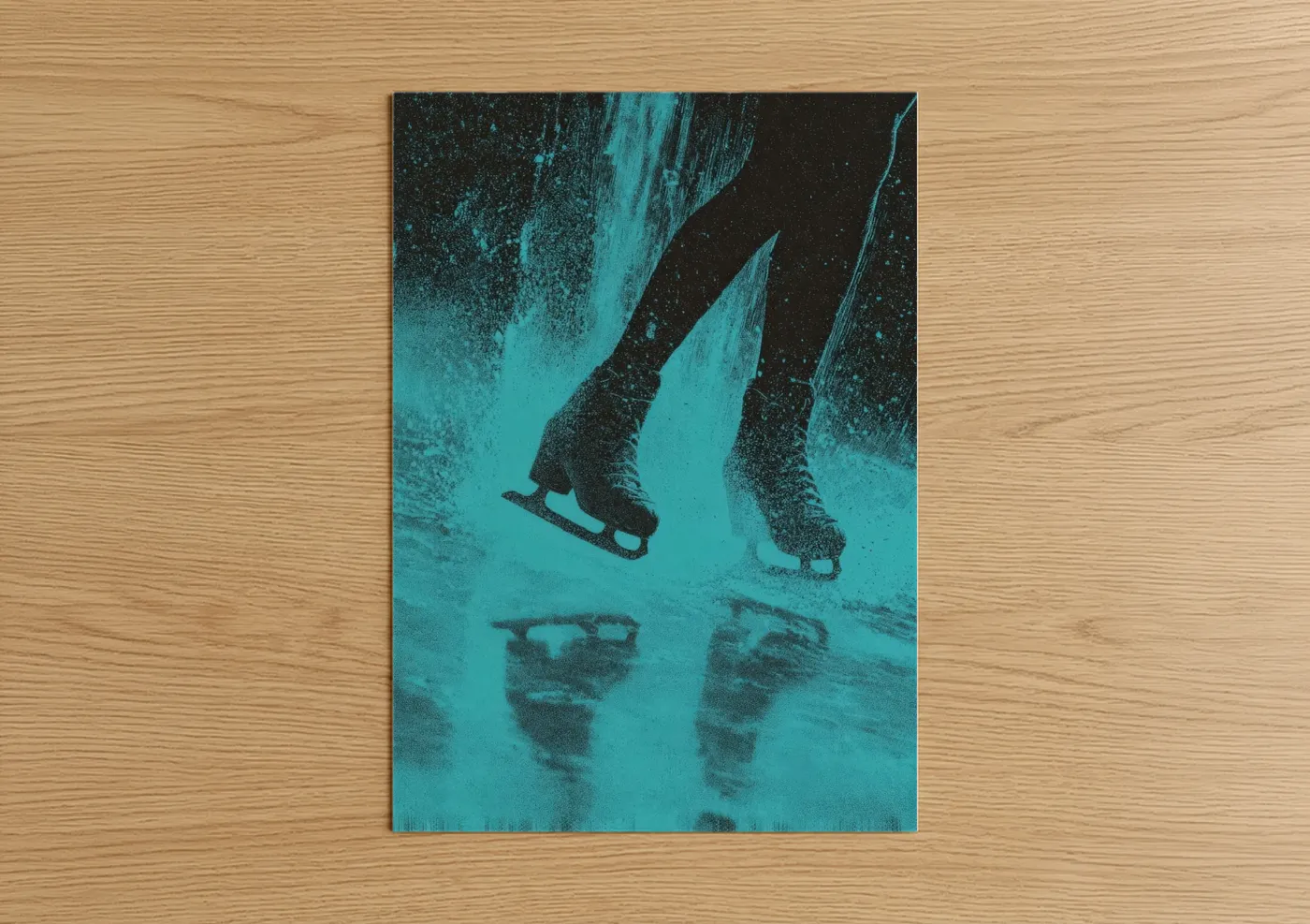 Ice skating art print on warm oak wood — turquoise and black palette — Frozen Motion poster