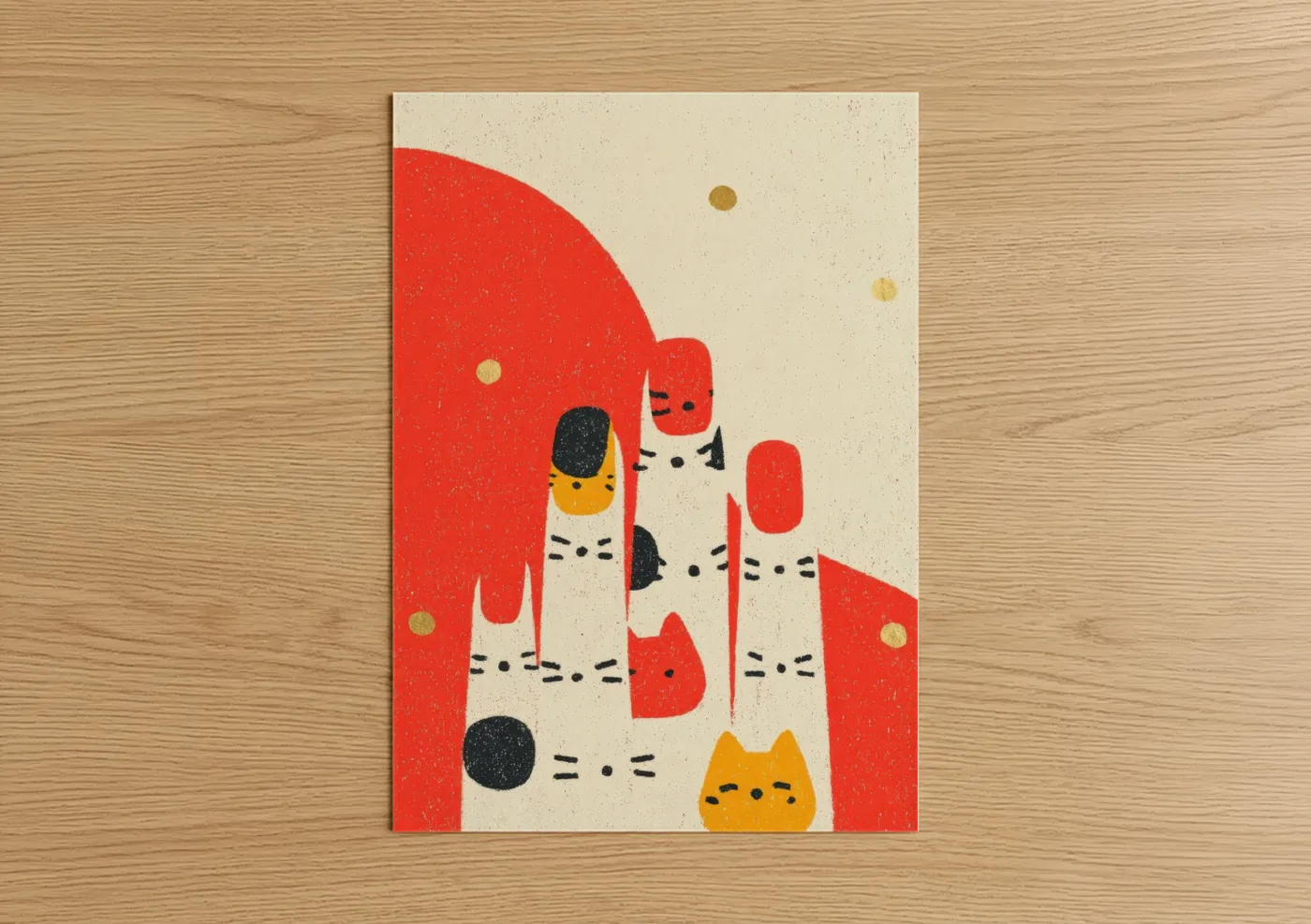 Art print on warm oak wood — red and gold palette — Playful Cat Nails poster