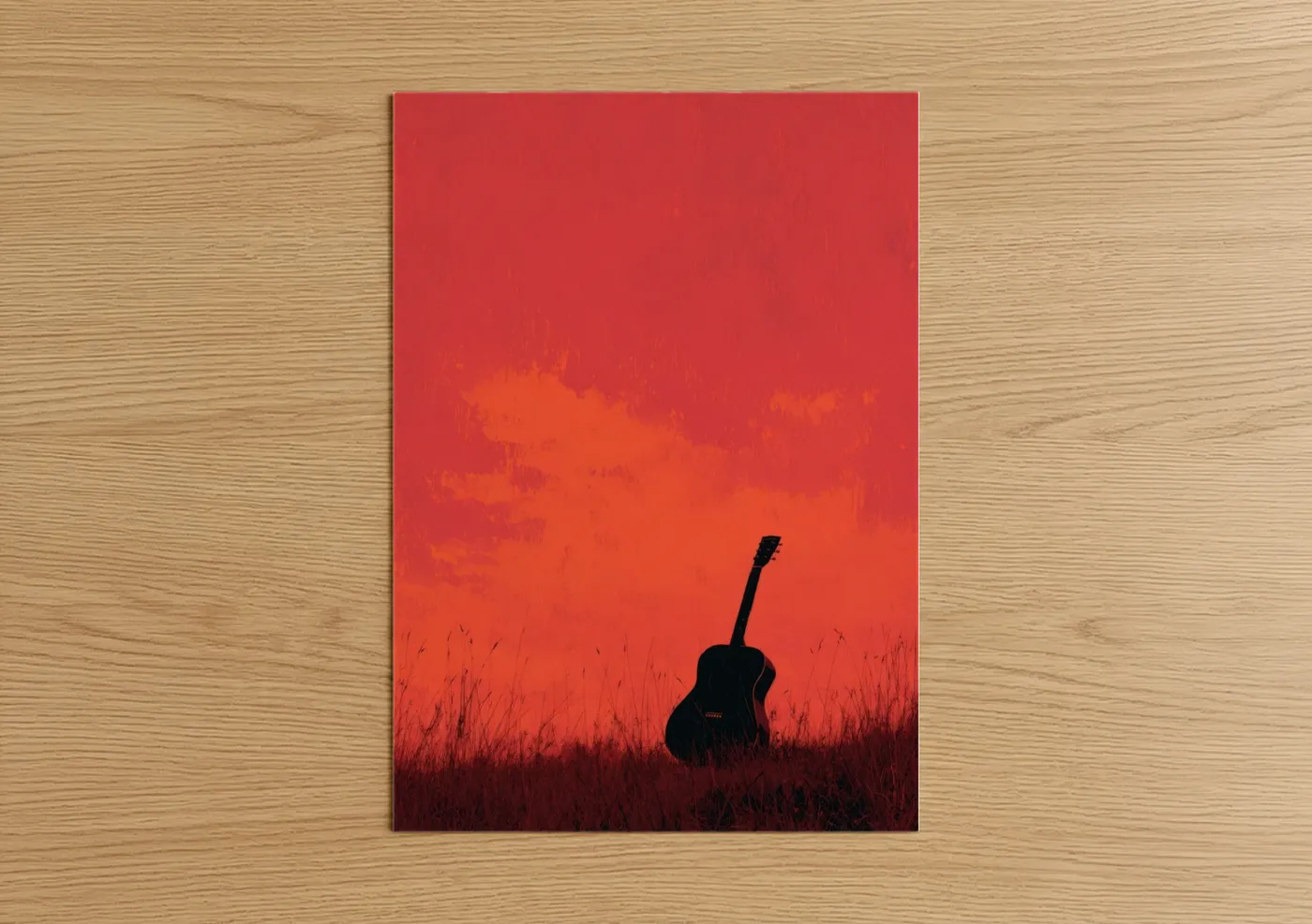Acoustic guitar art print on warm oak wood — red and orange palette — Crimson Sunset Guitar poster