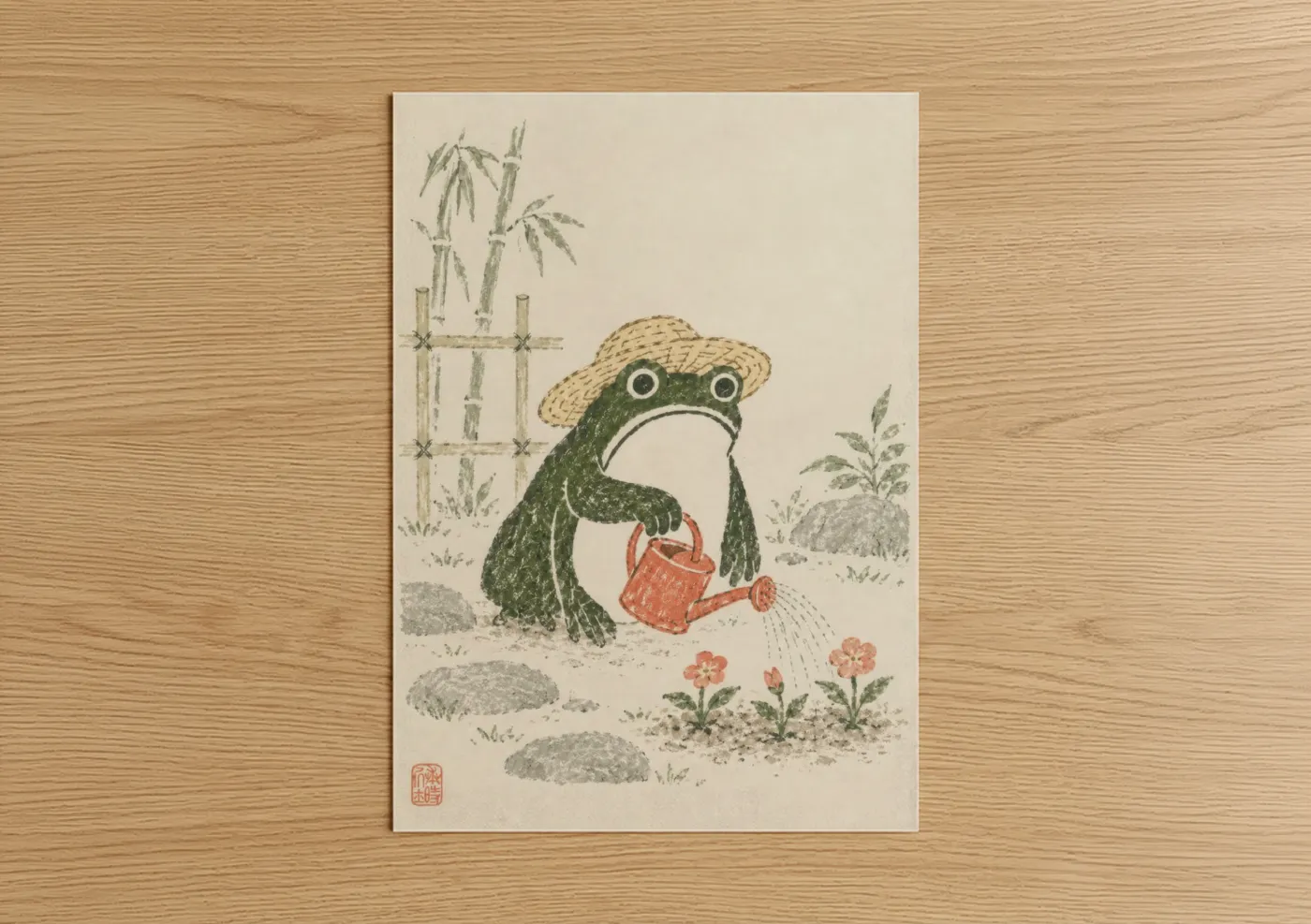 Frogs and toads art print on warm oak wood — sage green and beige palette — Garden Frog With Watering Can Wall Art poster