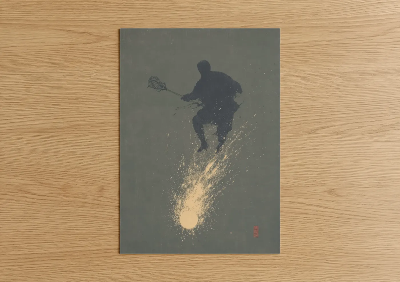 Art print on warm oak wood — gray and gold palette — Dynamic Lacrosse poster