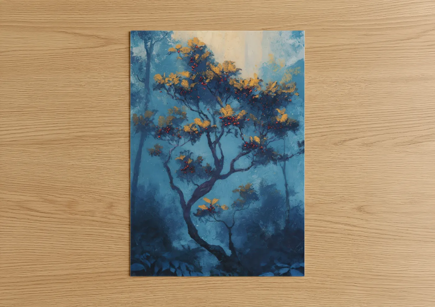Golden Arbutus Tree Misty Blue Wall Art