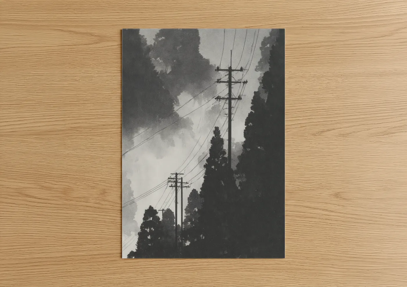 Art print on warm oak wood — black and white and gray palette — Cypress Power Lines poster