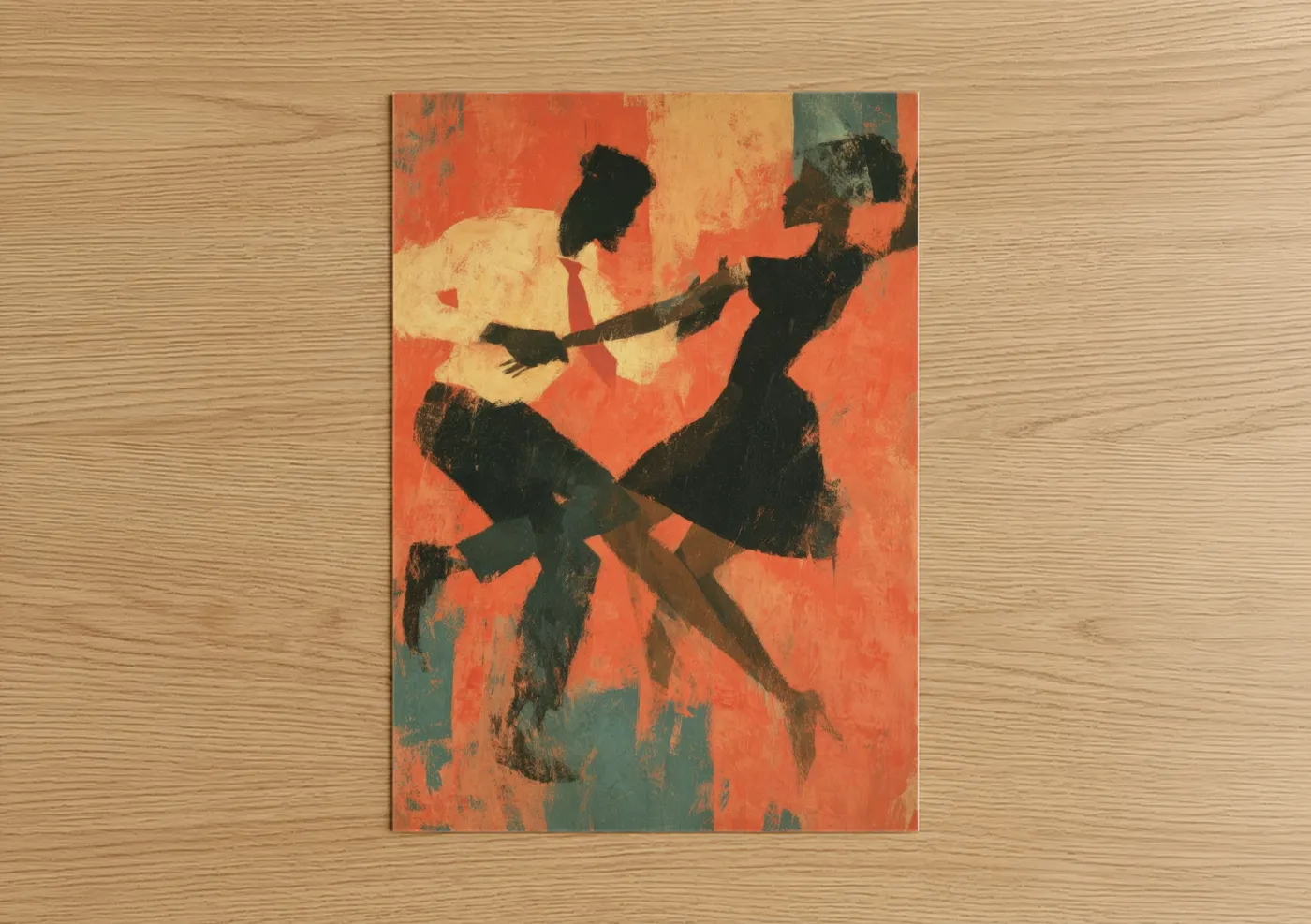 Swing dance art print on warm oak wood — orange and black palette — Energetic Swing Duo poster