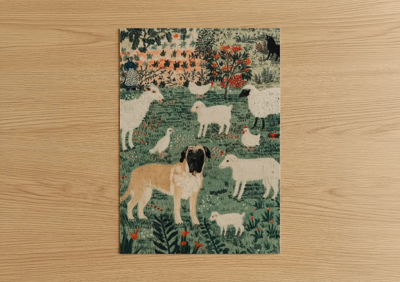 Art print on warm oak wood — green and russet palette — Pastoral Mastiff poster