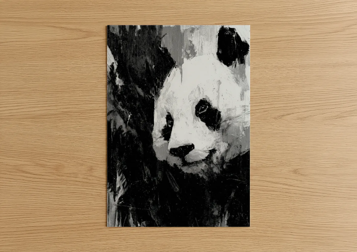 Art print on warm oak wood — black and white palette — Contemplative Panda poster