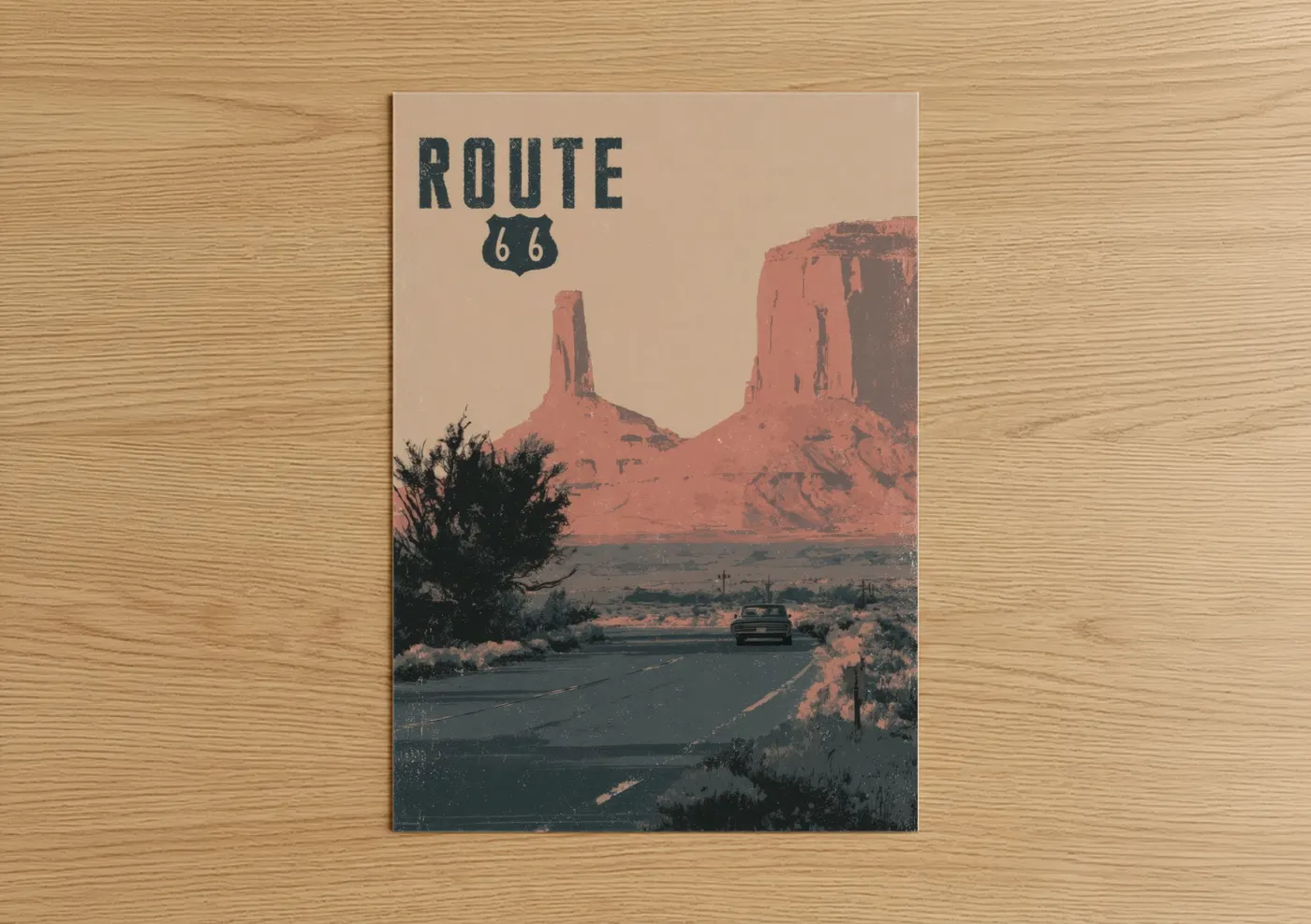 Road and highways art print on warm oak wood — salmon pink and black and white palette — Route 66 Desert poster