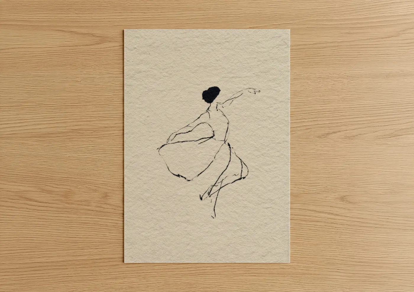 Art print on warm oak wood — black and cream palette — Expressive Zumba Dancer poster