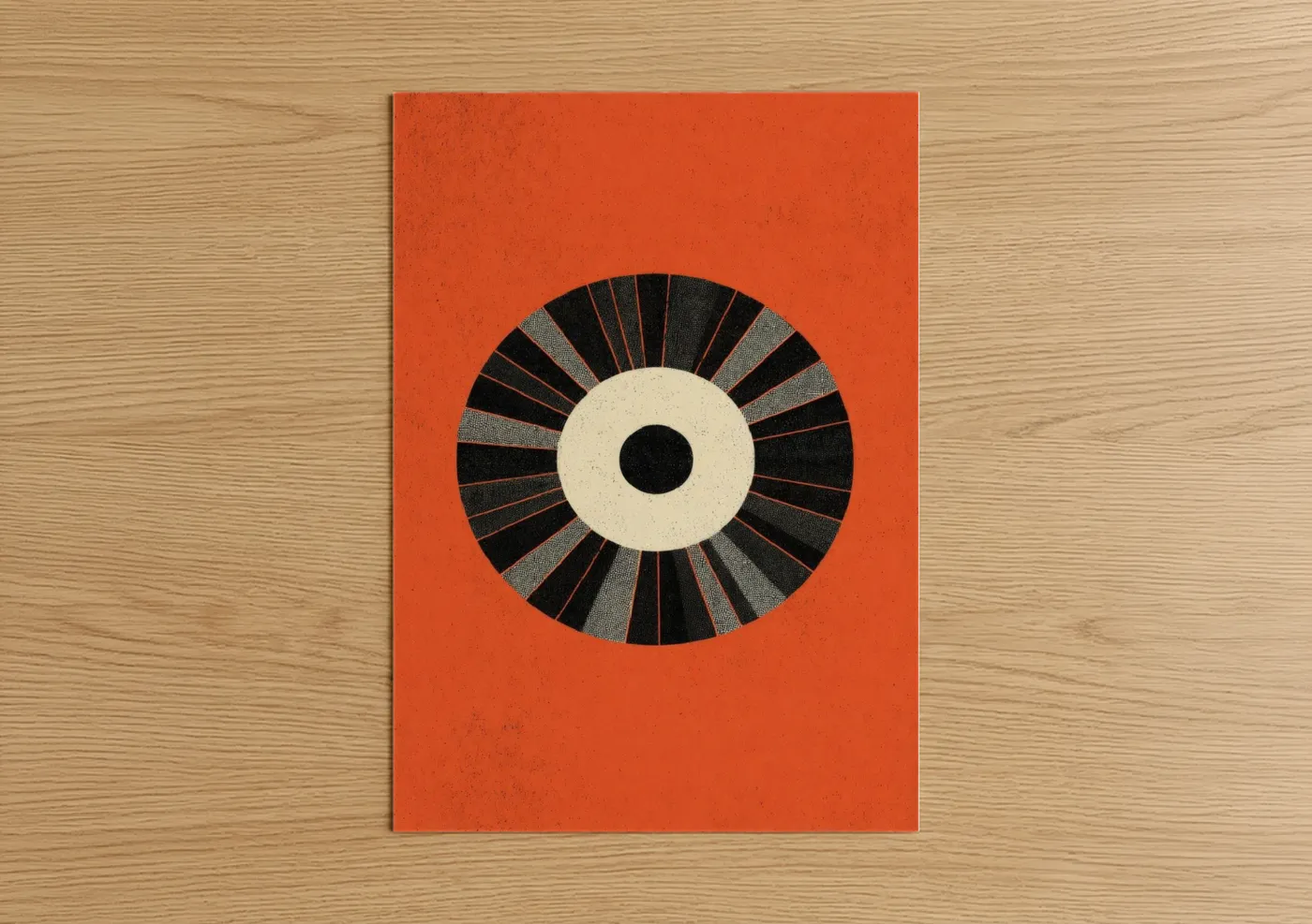 Art print on warm oak wood — red and black and white palette — Crimson Roulette poster