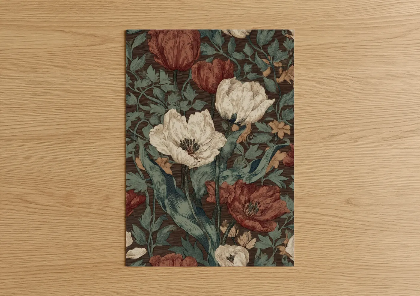 Art print on warm oak wood — russet and sage green palette — Cream Tulip Botanical poster