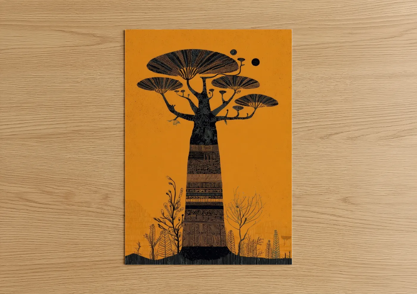 Baobab tree art print on warm oak wood — orange and black palette — Golden Baobab poster
