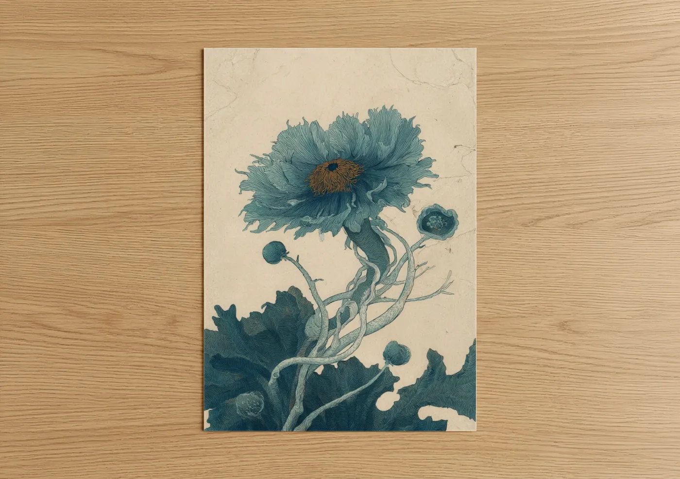 Teal Sea Anemone Botanical Illustration Wall Art
