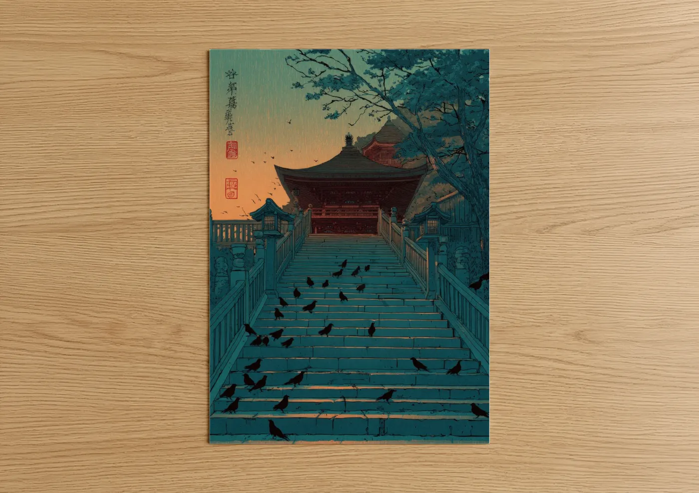 Art print on warm oak wood — teal and gold palette — Temple Stairway Sunset poster