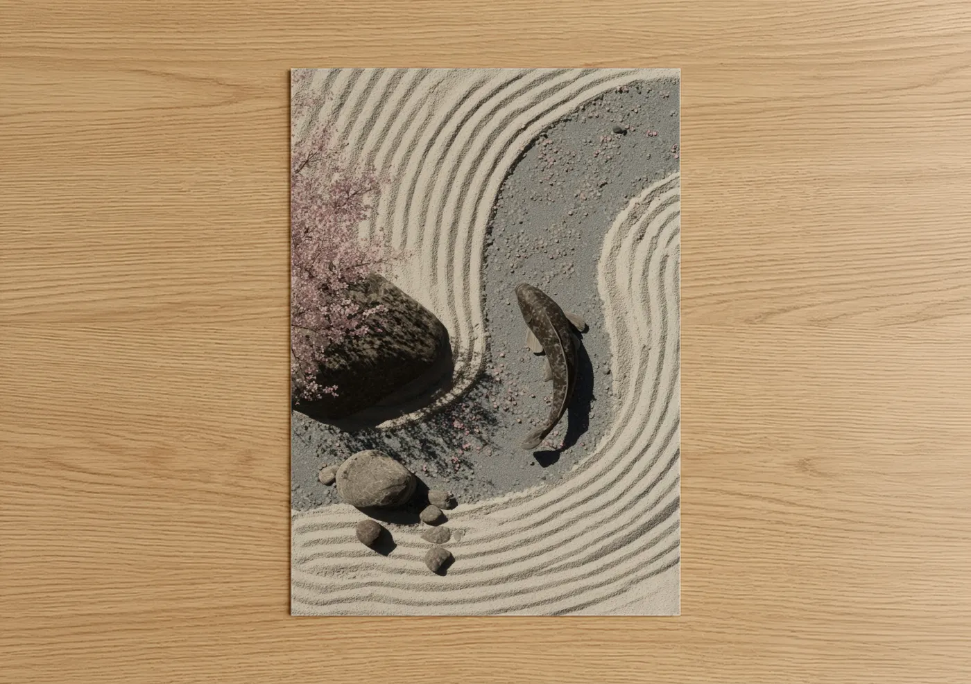 Art print on warm oak wood — beige and gray palette — Zen Snook poster