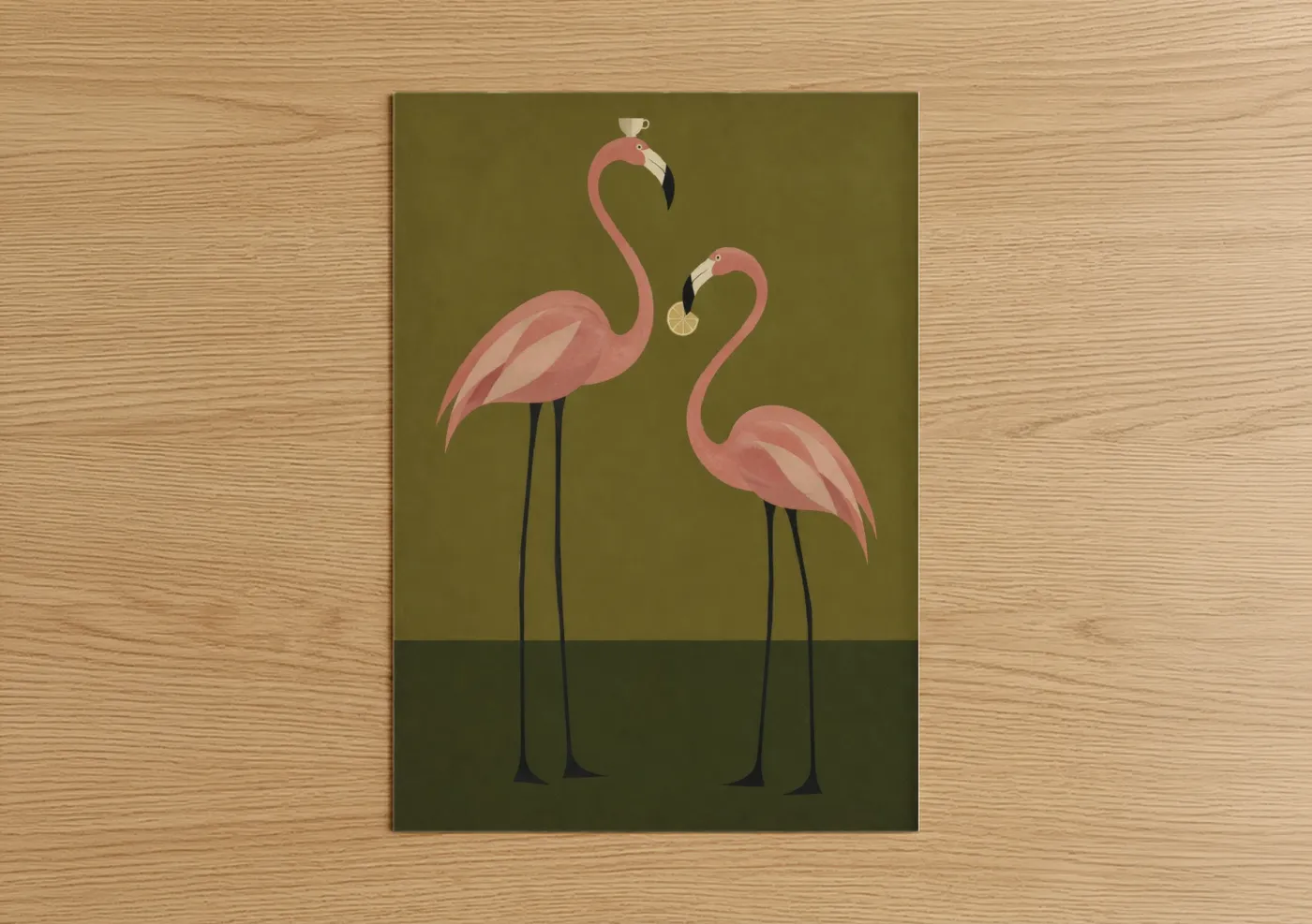 Art print on warm oak wood — pink and olive palette — Pink Flamingo Pair Geometric Wall Art poster
