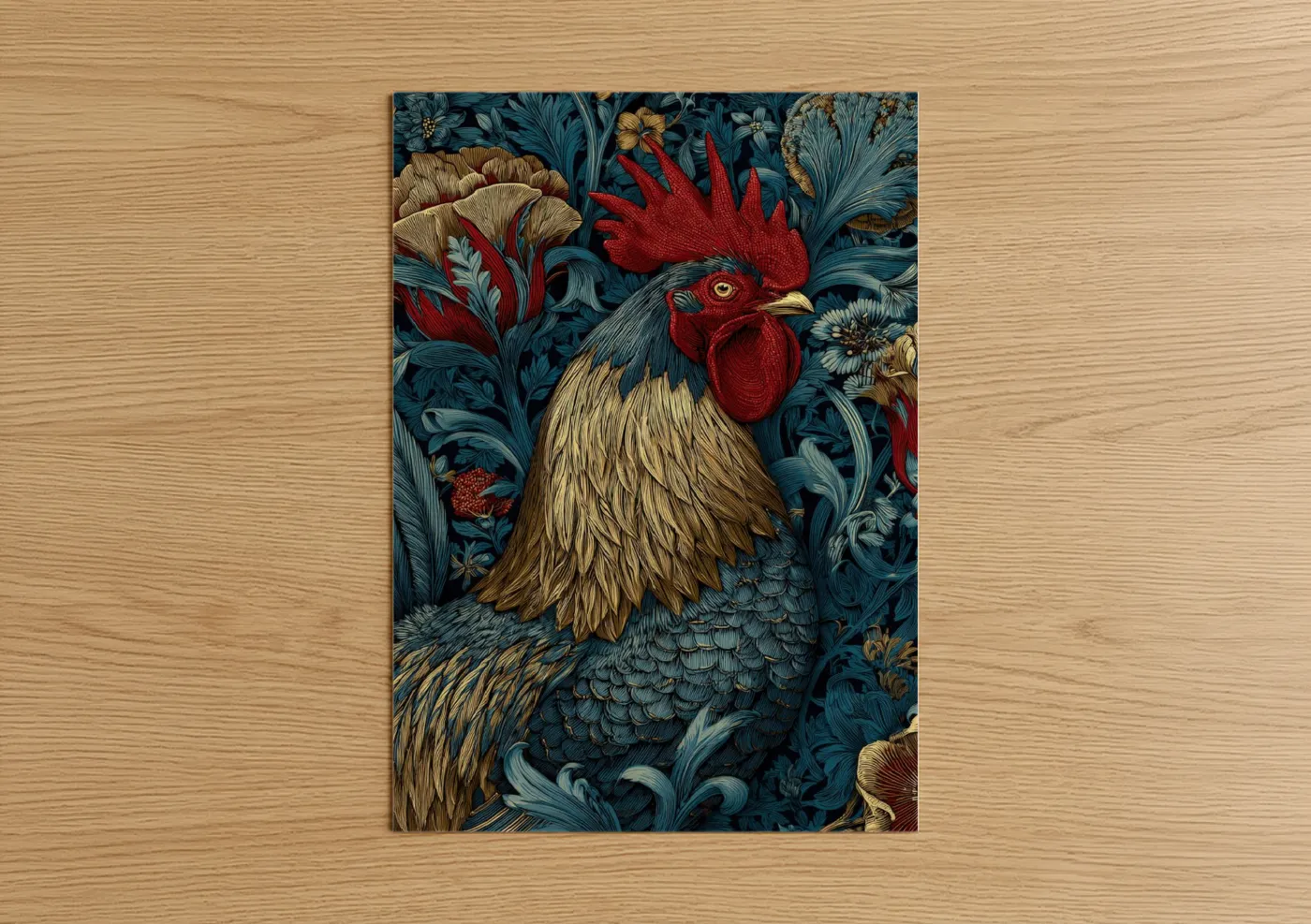 Crimson Rooster Garden Floral Pattern Wall Art