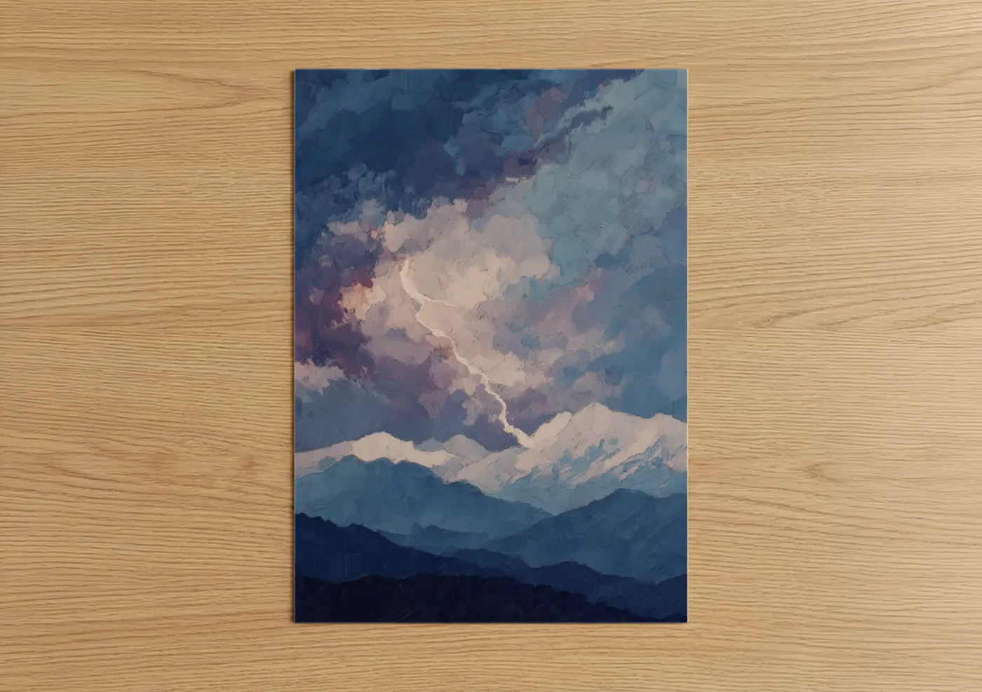 Art print on warm oak wood — blue and cream palette — Storm Peak Lightning poster