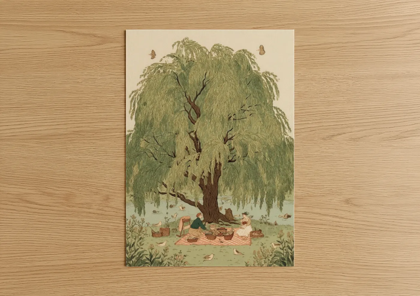 Summer art print on warm oak wood — cream and light green palette — Willow Picnic poster