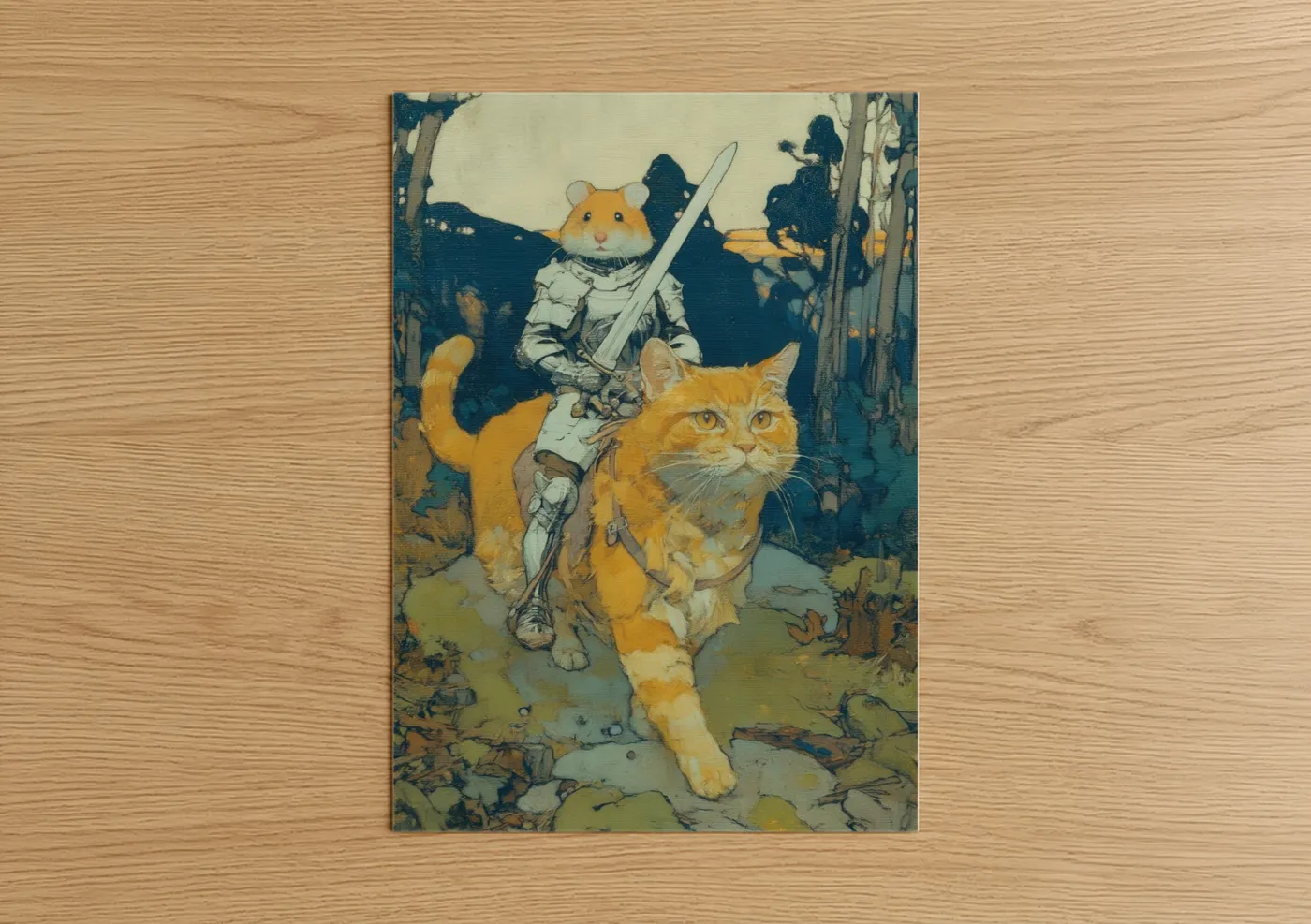 Art print on warm oak wood — gold and dark blue palette — Warrior Hamster poster