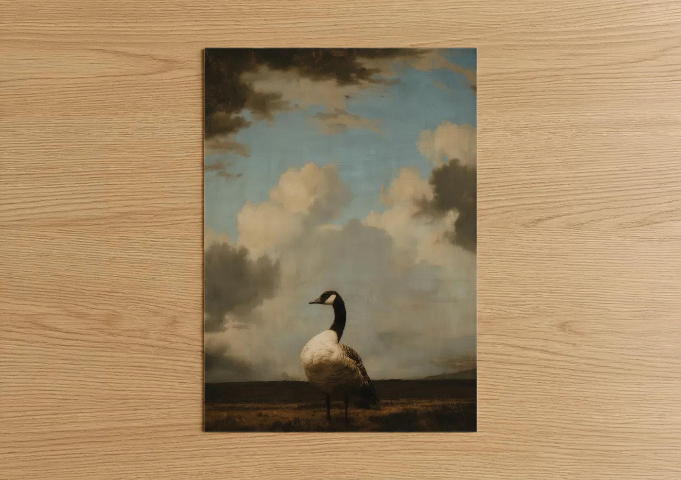 Geese art print on warm oak wood — blue and gold and cream palette — Solitary Goose poster