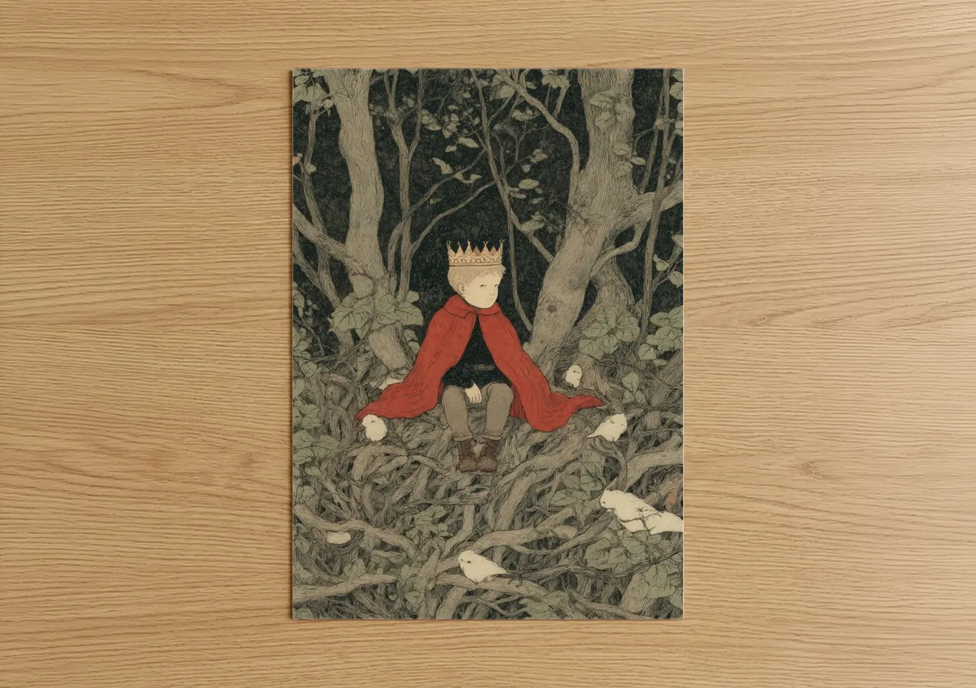 Kids magic and fantasy art print on warm oak wood — red and black and white palette — Forest King poster