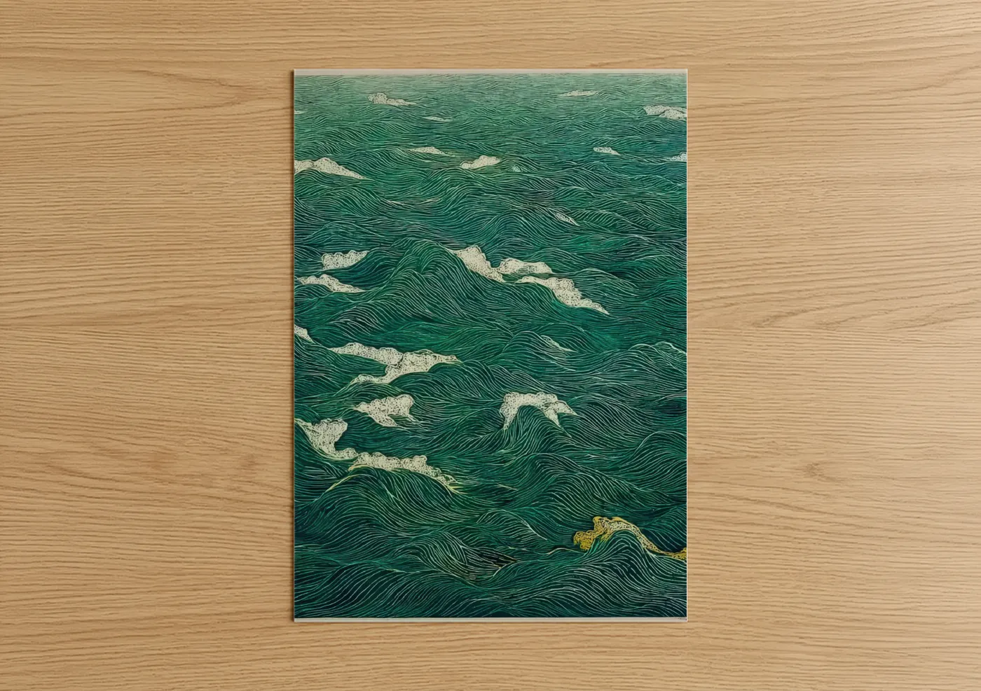Seascapes and ocean art print on warm oak wood — teal and white palette — Emerald Waves poster