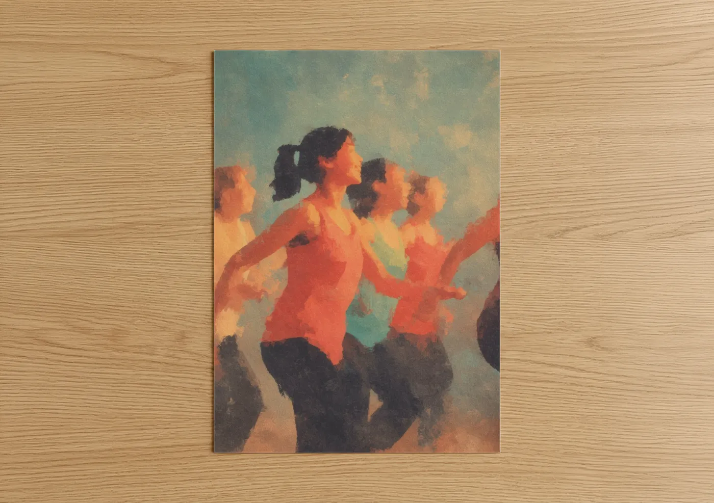 Art print on warm oak wood — orange and teal palette — Energetic Zumba poster