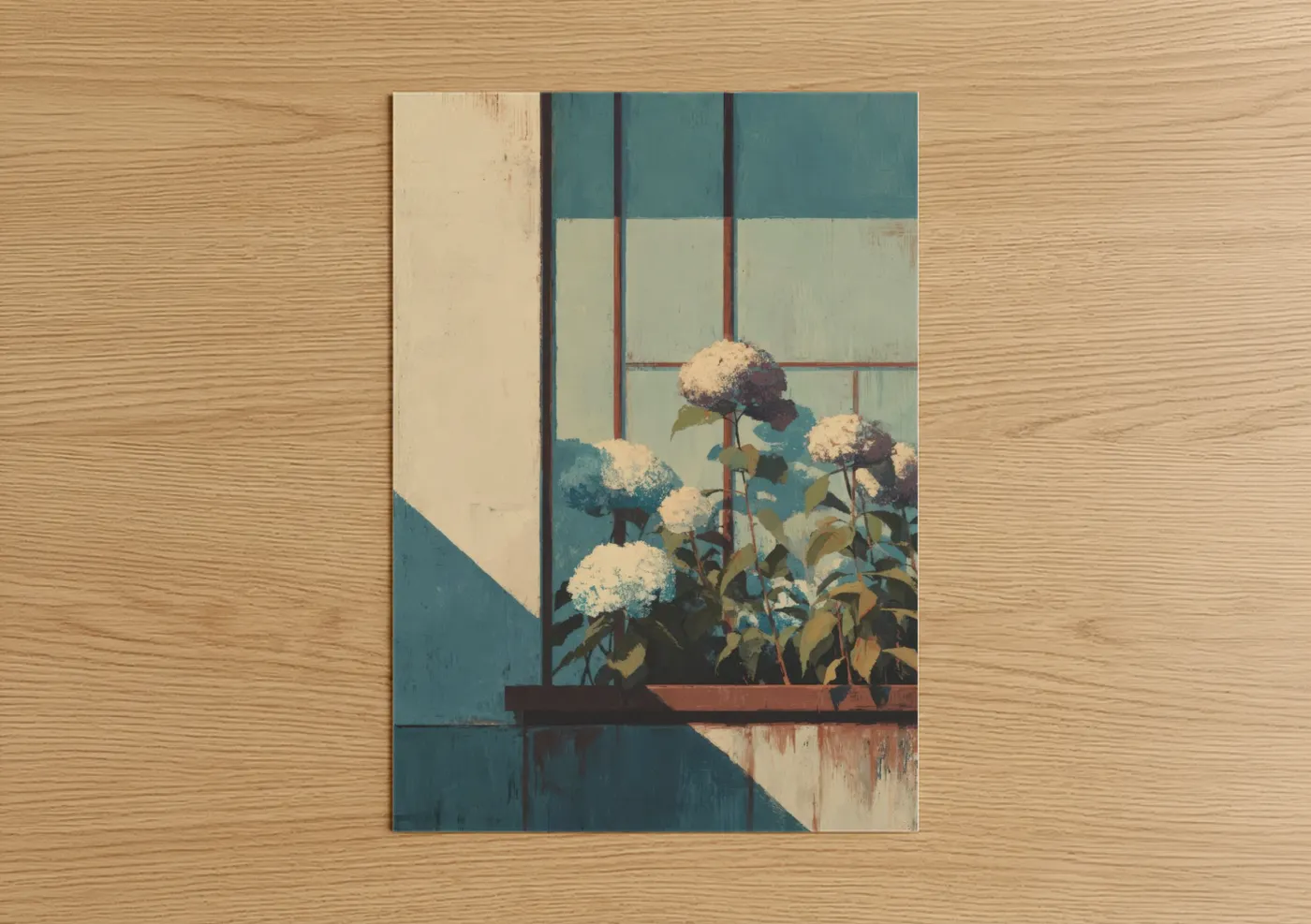 Art print on warm oak wood — teal and cream palette — Windowsill Hydrangea poster