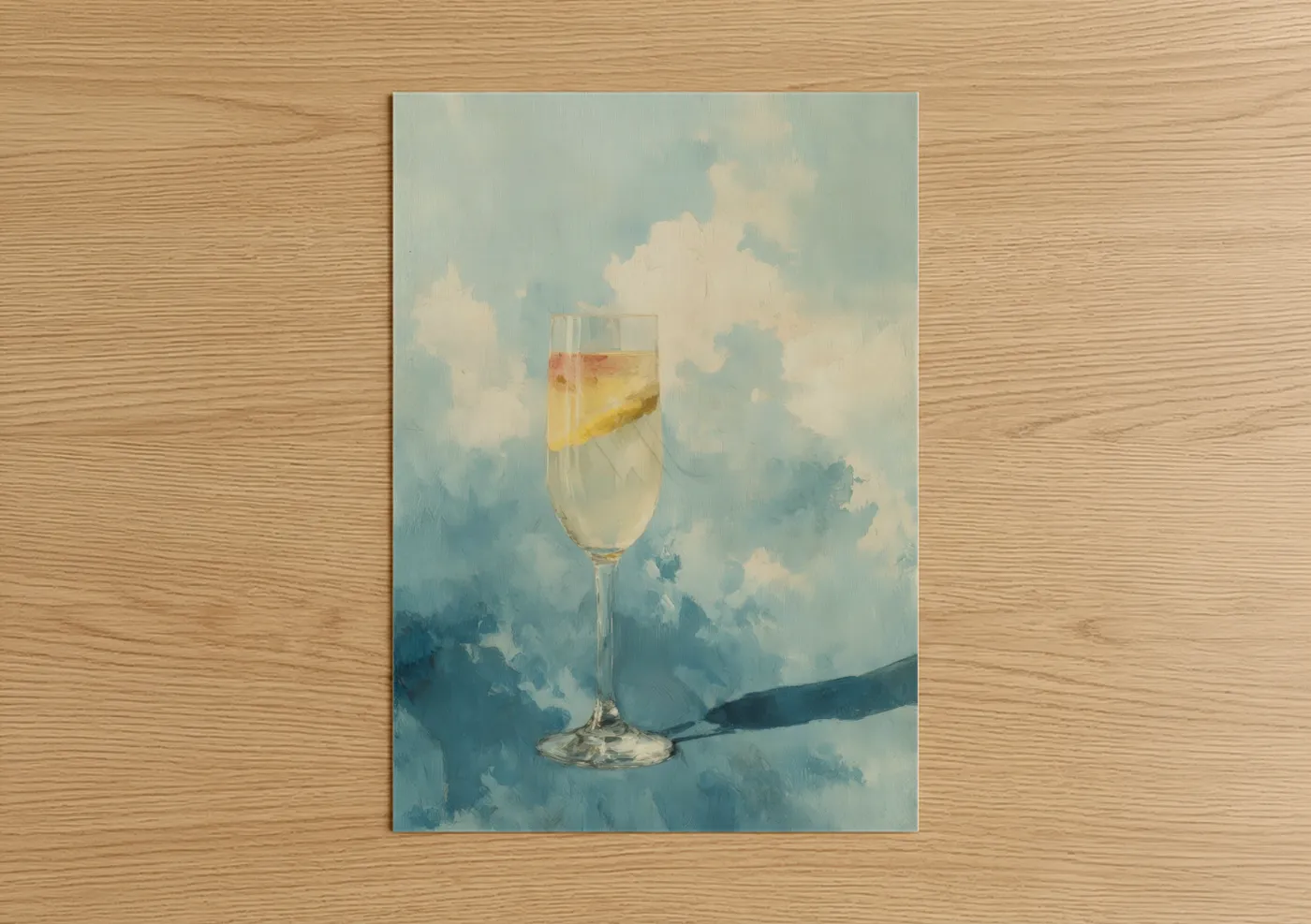 Cocktail art print on warm oak wood — blue and white and champagne gold palette — Champagne Sky poster