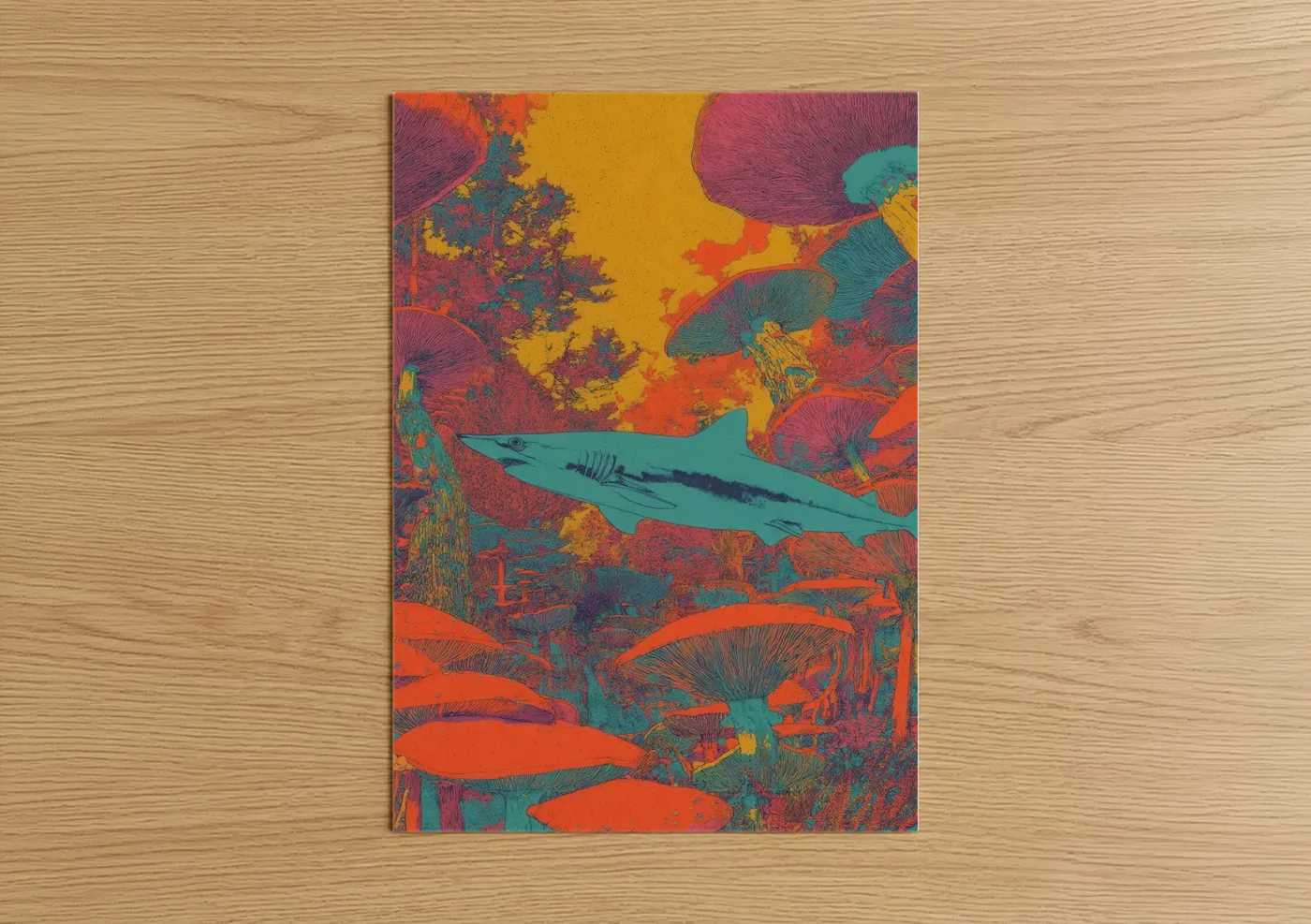 Art print on warm oak wood — turquoise and orange palette — Turquoise Wahoo poster