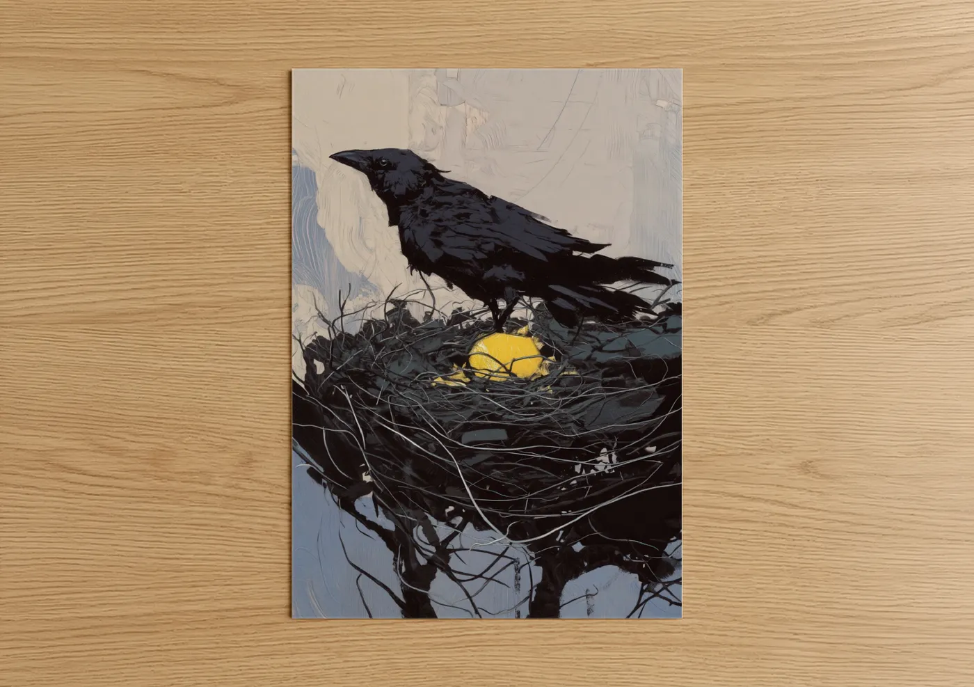 Black Raven Nesting Yellow Egg Wall Art