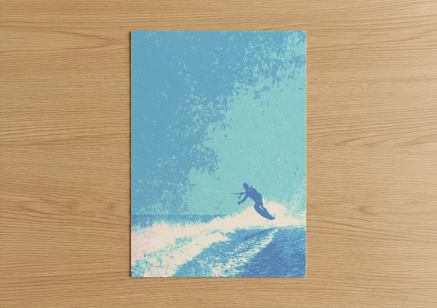 Water skiing art print on warm oak wood — blue and turquoise palette — Wave Rider Action poster