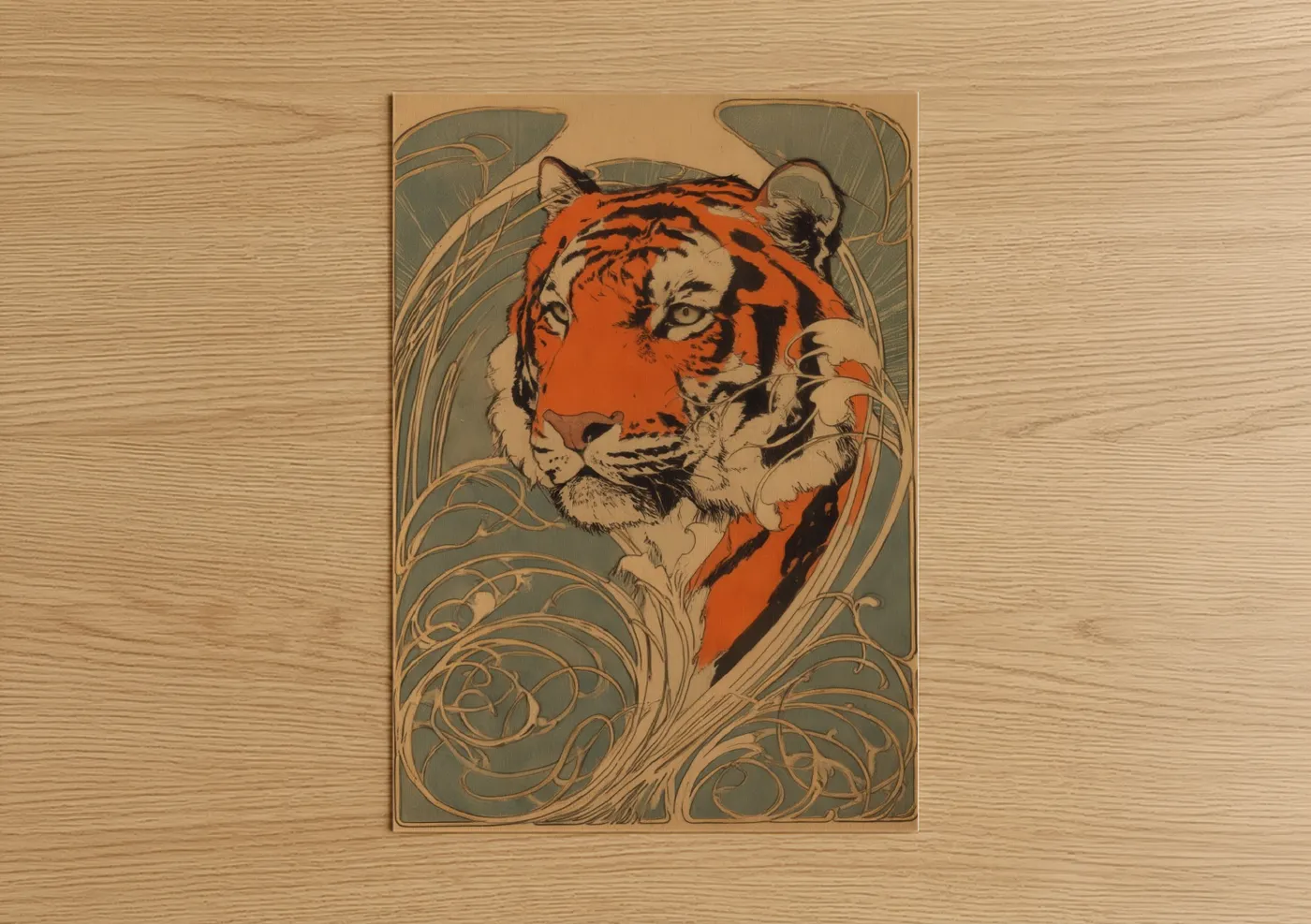 Art print on warm oak wood — orange and sage green palette — Ornamental Tiger poster