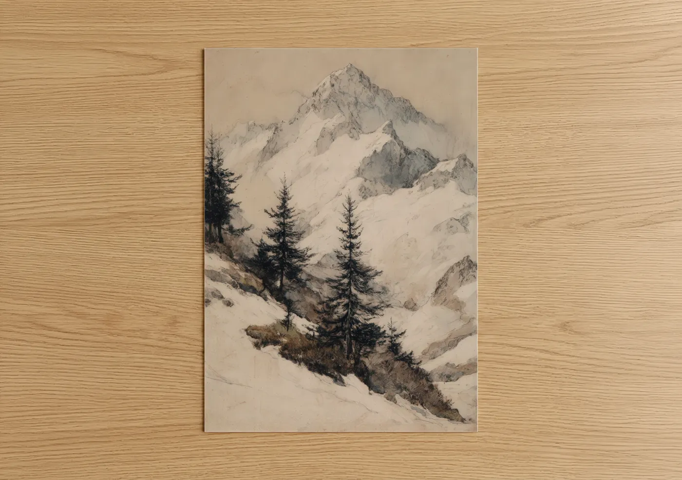 Snowy mountains art print on warm oak wood — gray and black and white palette — Alpine Winter Peak poster