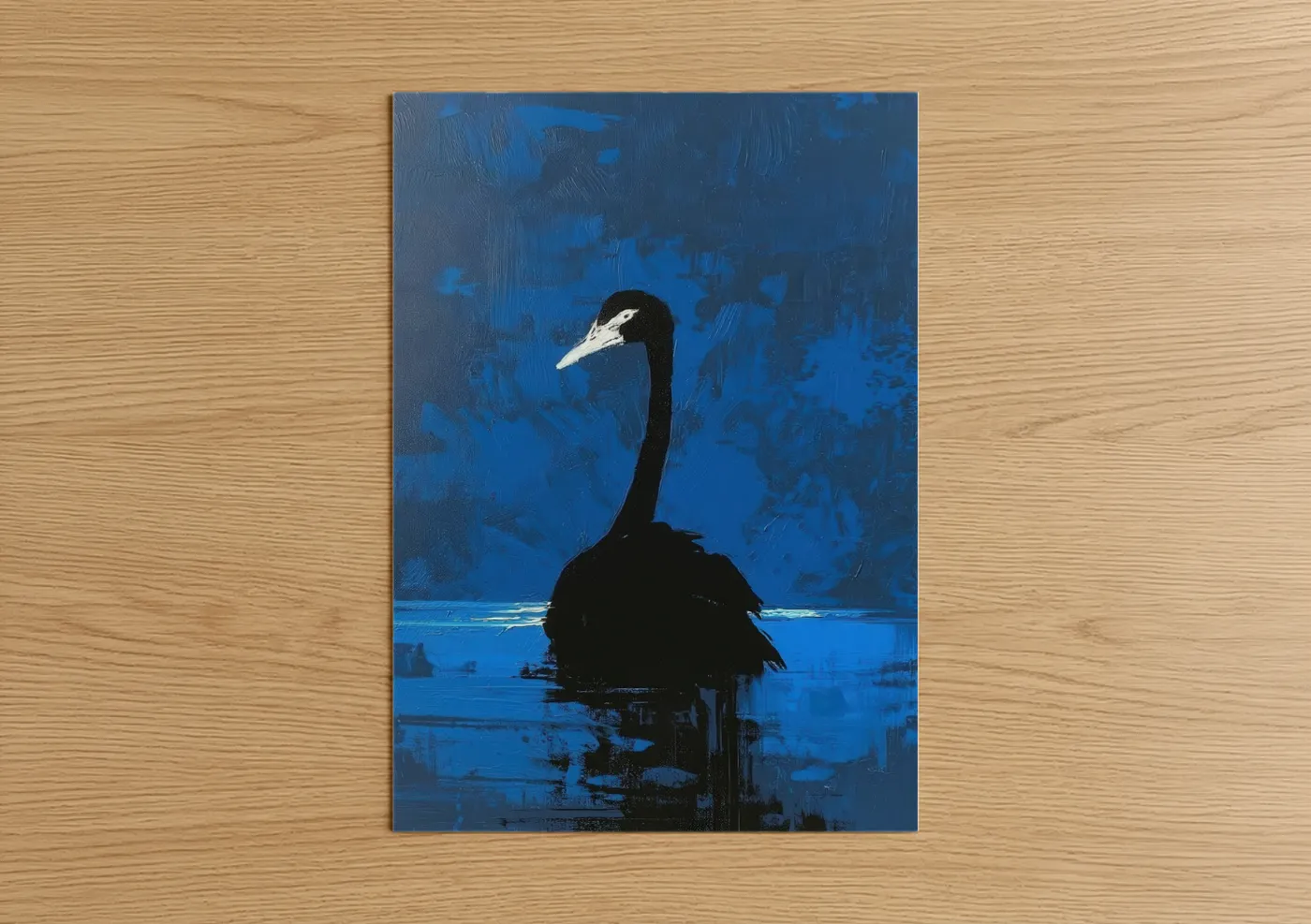 Art print on warm oak wood — blue and black and white palette — Midnight Swan poster