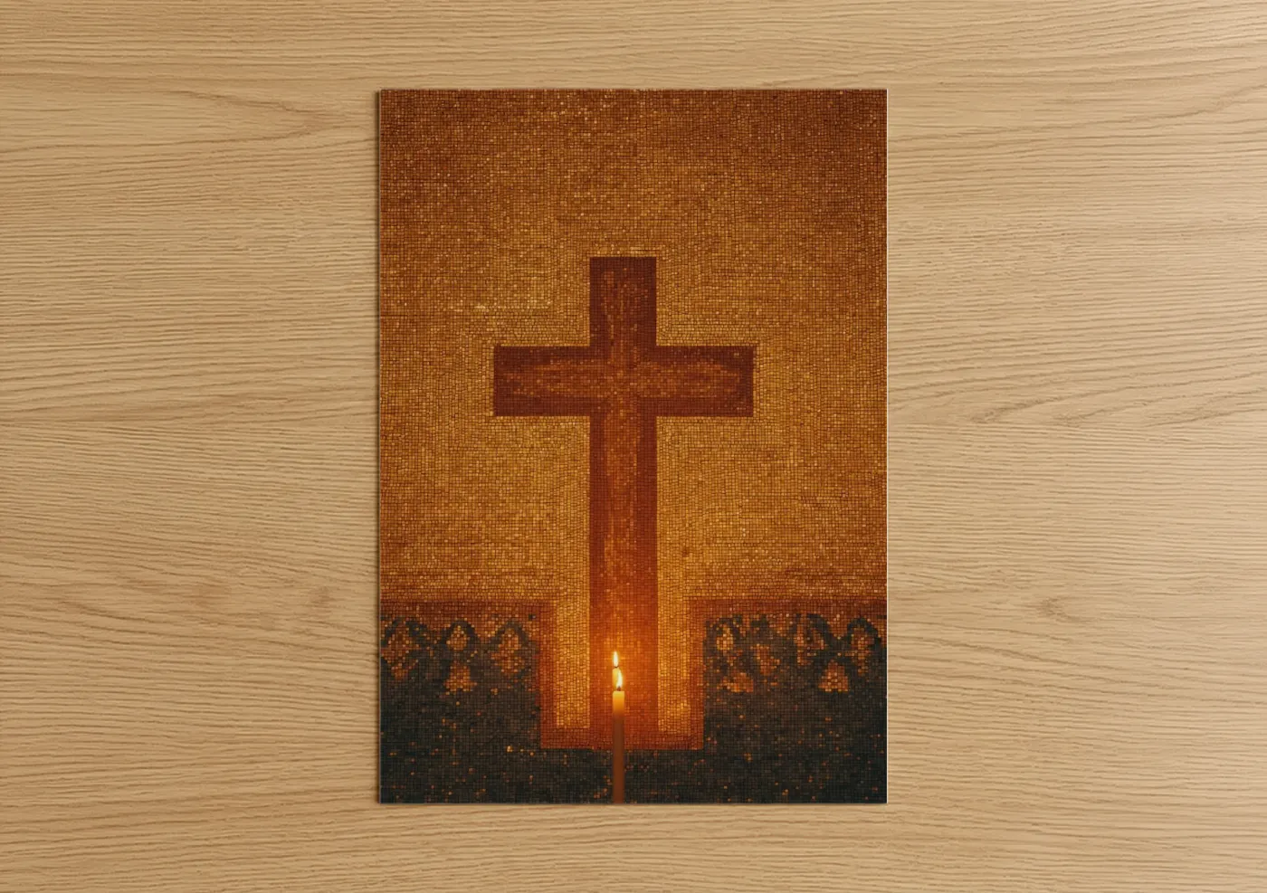 Christian symbols art print on warm oak wood — gold and red palette — Sacred Cross Light poster
