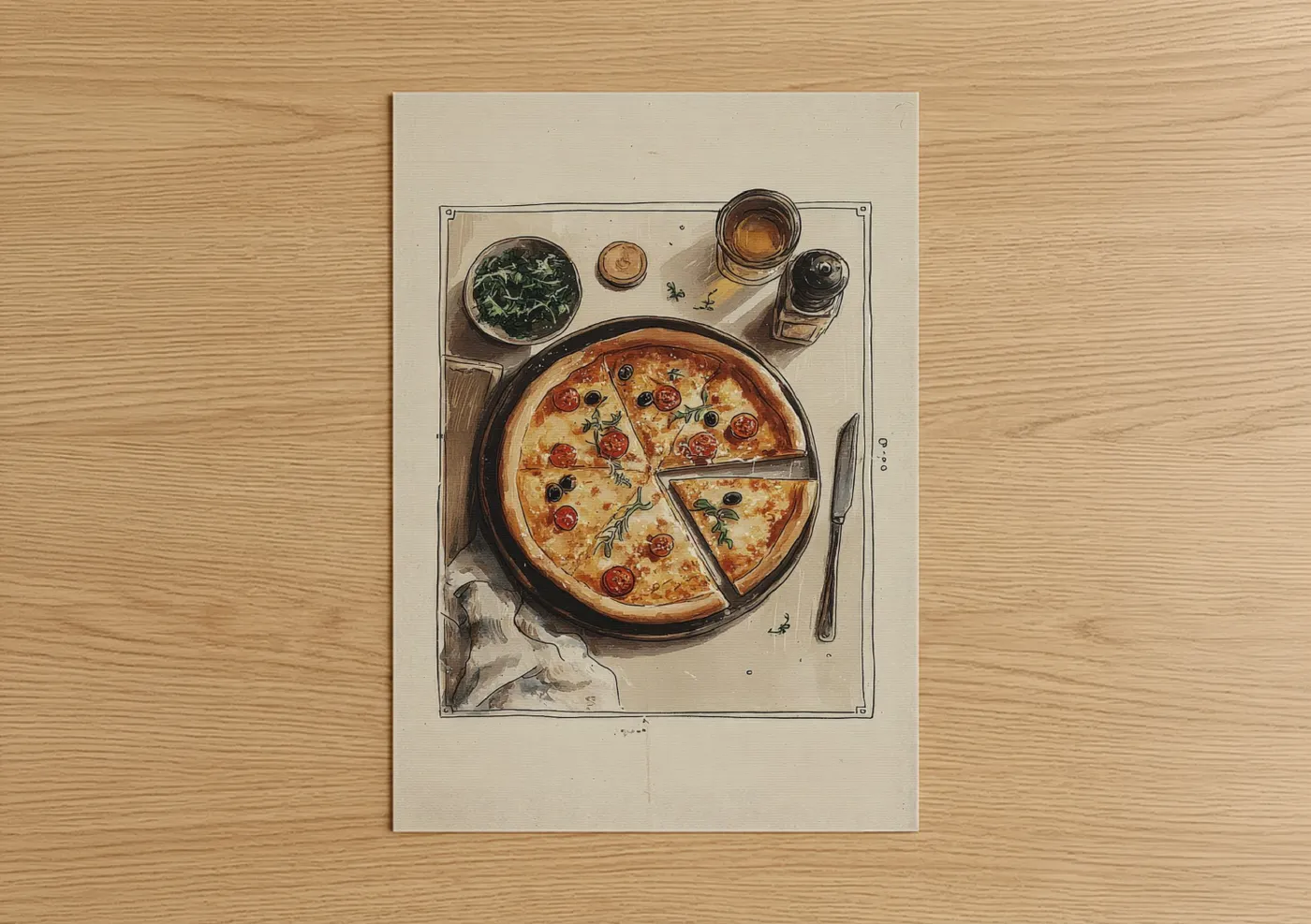 Fast food art print on warm oak wood — cream and russet palette — Pepperoni Pizza Spread poster