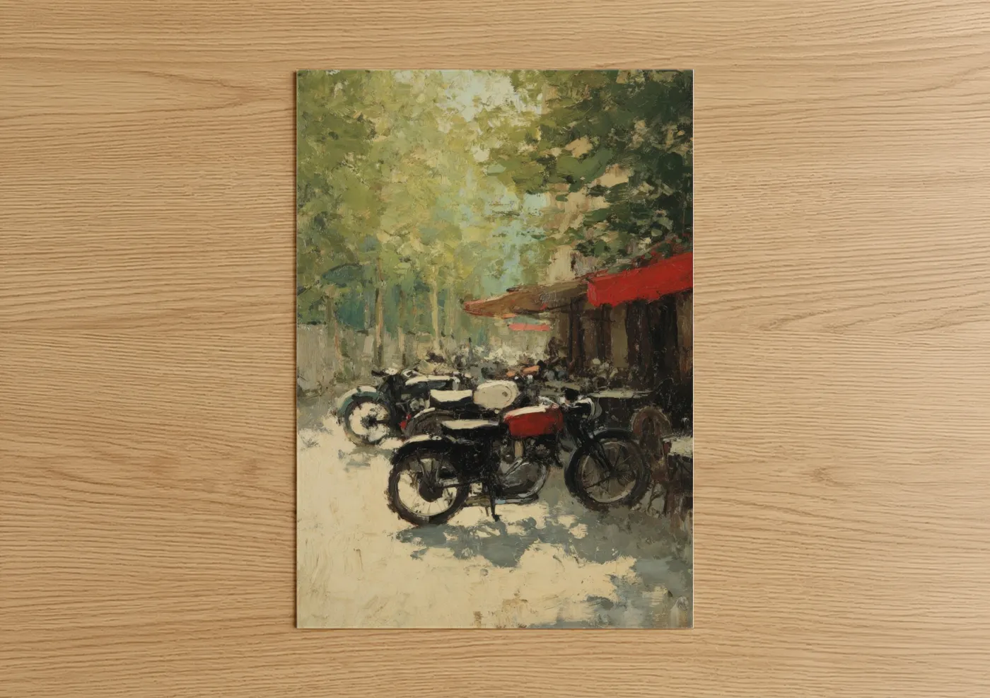 Vintage motorcycle art print on warm oak wood — green and cream palette — Shaded Motorcycle Garage poster