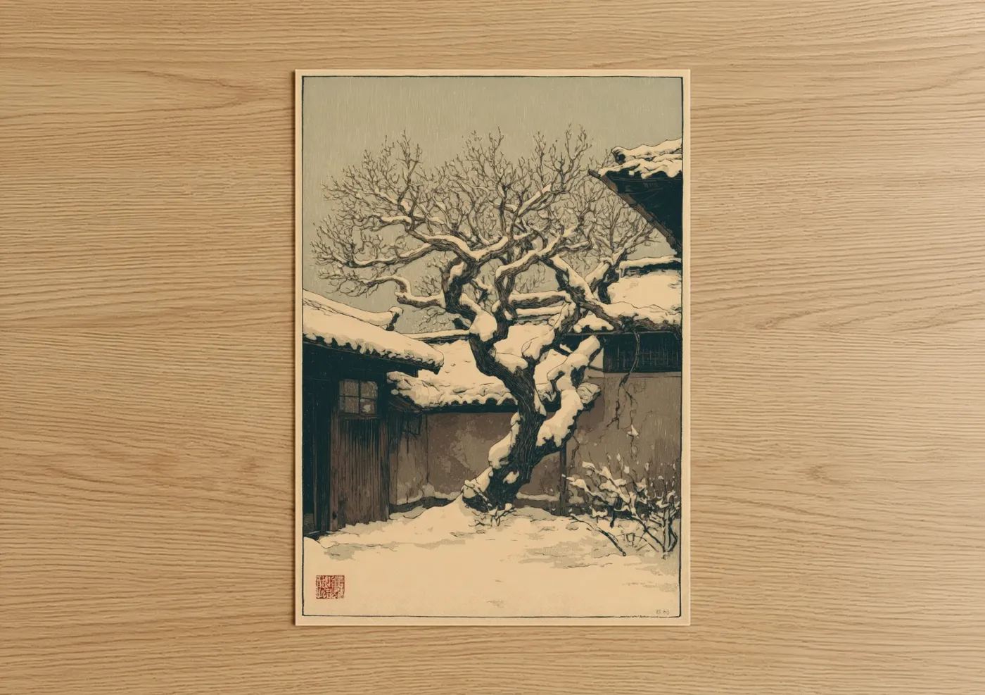 Snowy Linden Tree Winter Japanese Wall Art