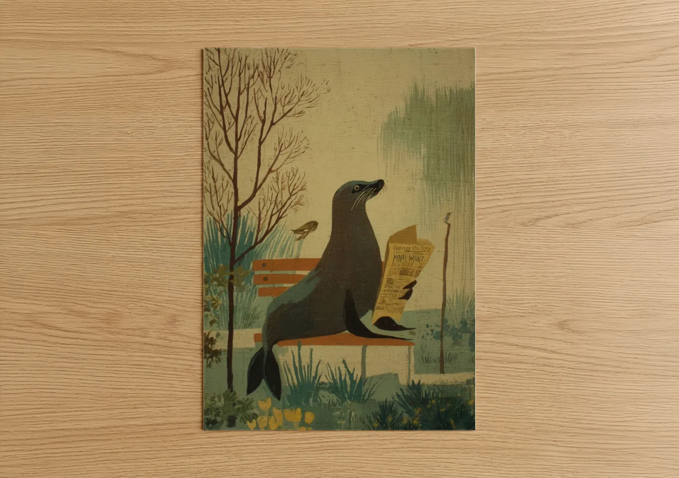 Art print on warm oak wood — cream and sage green palette — Reading Sea Lion poster