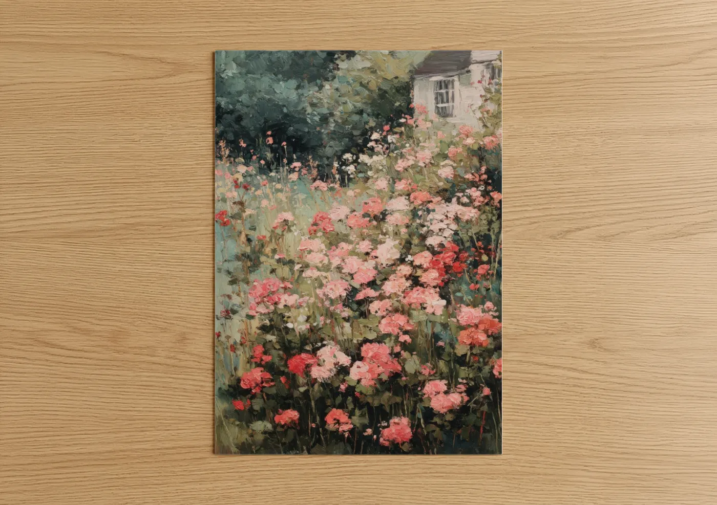Art print on warm oak wood — pink and sage green palette — Cottage Geranium Garden poster