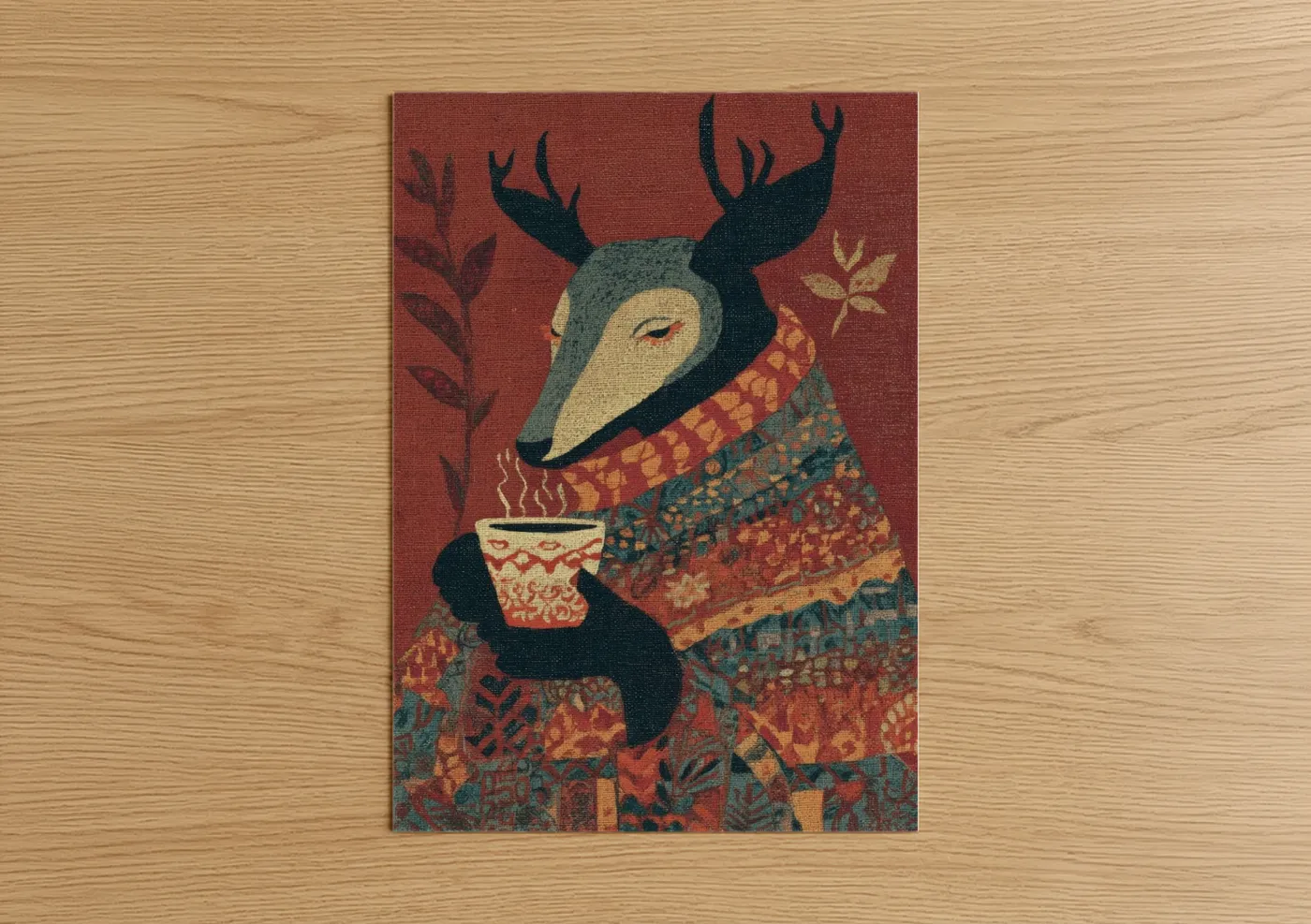 Cozy Reindeer With Hot Beverage Wall Art