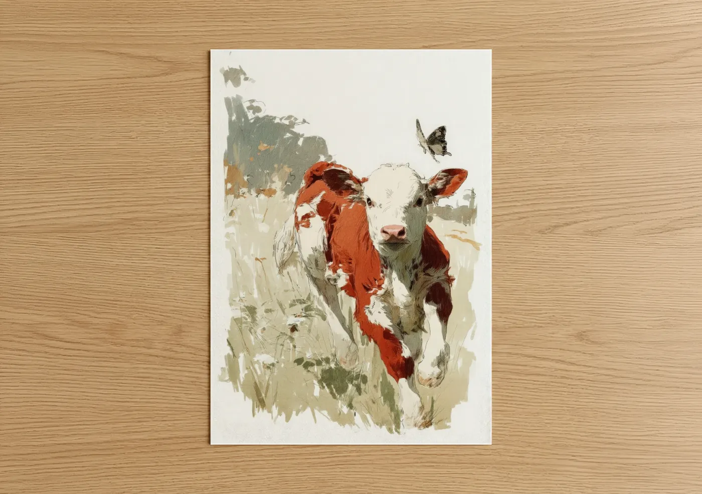 Hereford cow art print on warm oak wood — cream palette — Curious Hereford poster