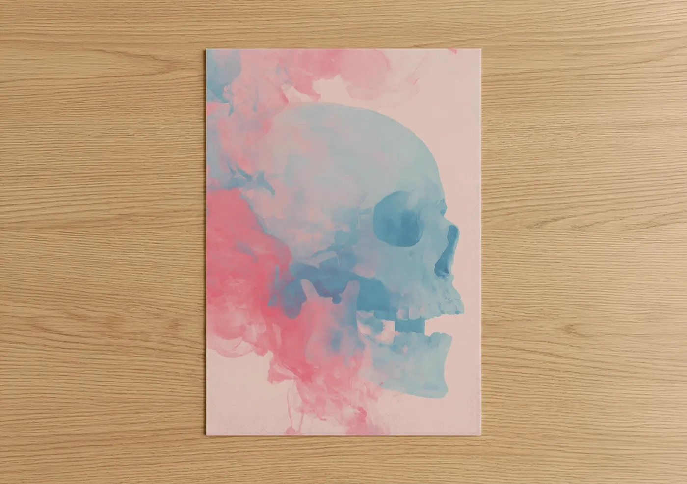 Watercolor Skull Pink Blue Abstract Wall Art
