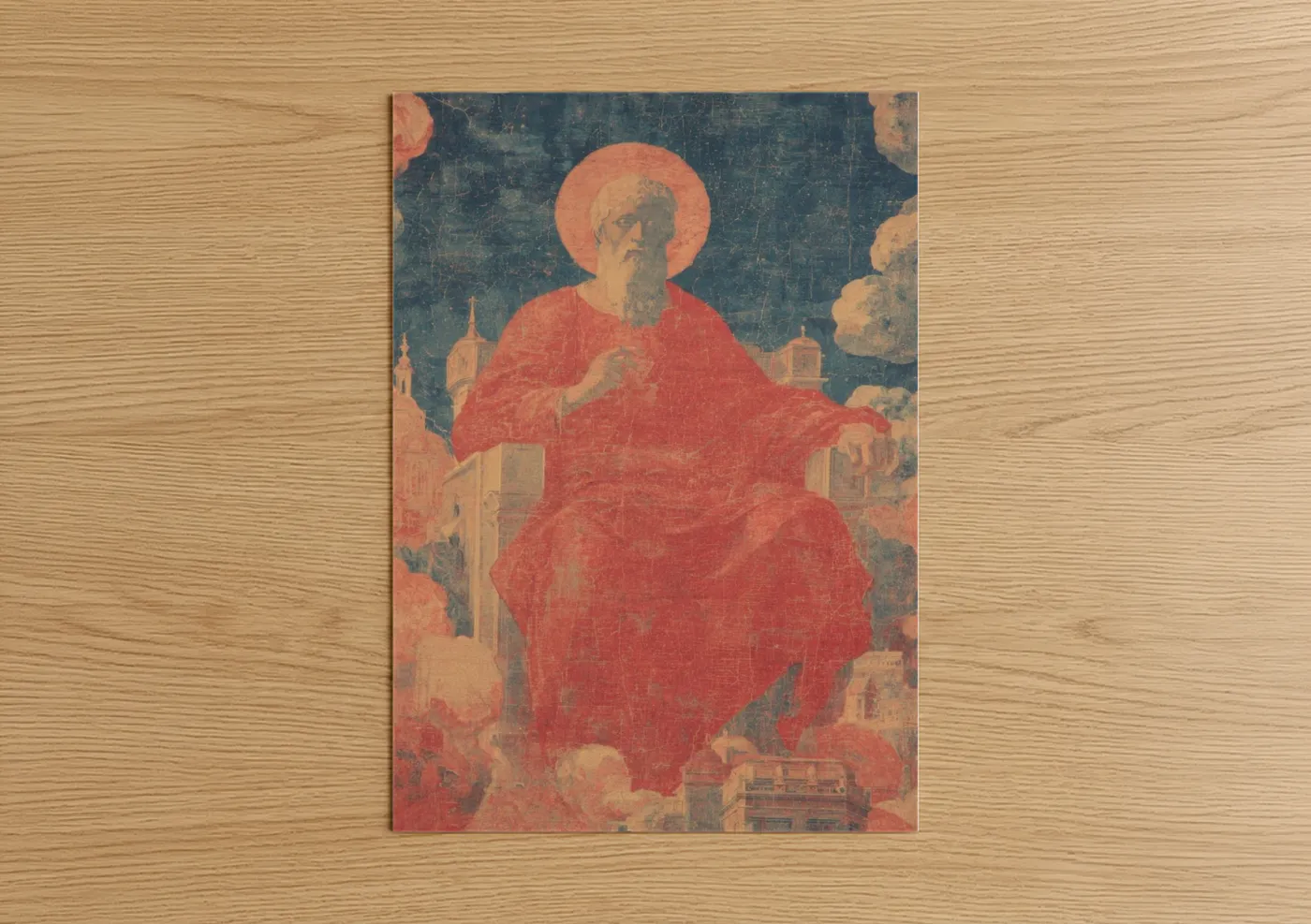 St. peter art print on warm oak wood — red and dark blue palette — Apostle Peter Heavenly poster